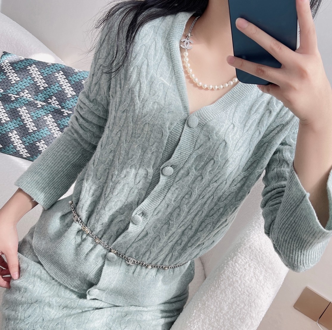 Luxury Silver CC Logo Chain Belt with Pearl & Charm Accents