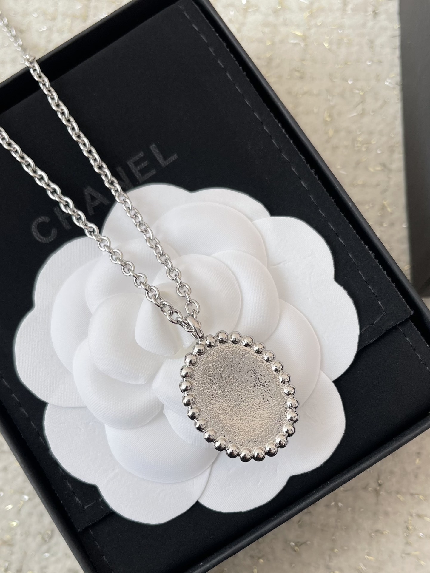 Elegant Silver CC Pendant Necklace with Sparkling Crystals