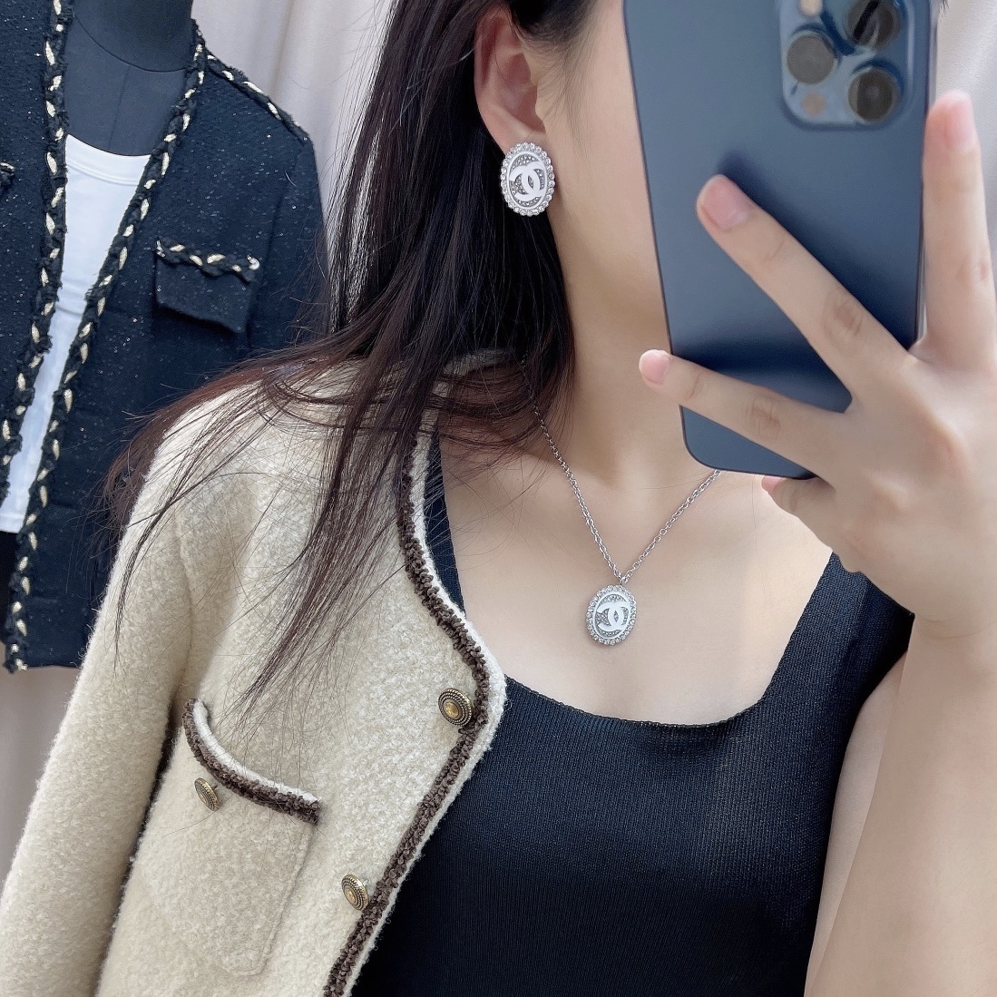 Elegant Silver CC Pendant Necklace with Sparkling Crystals