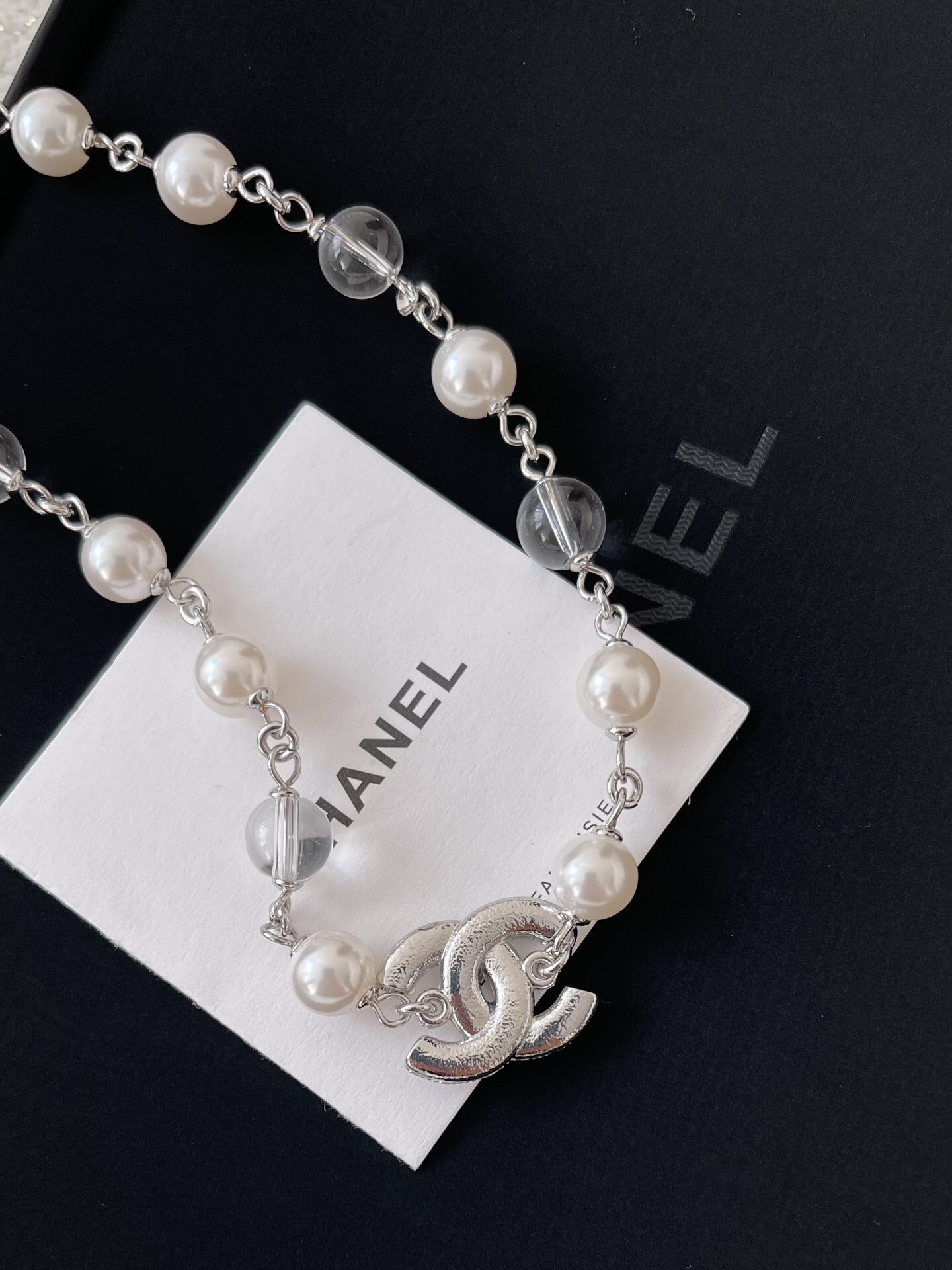 Luxury Silver Pearl Necklace with Sparkling Crystal CC Pendant