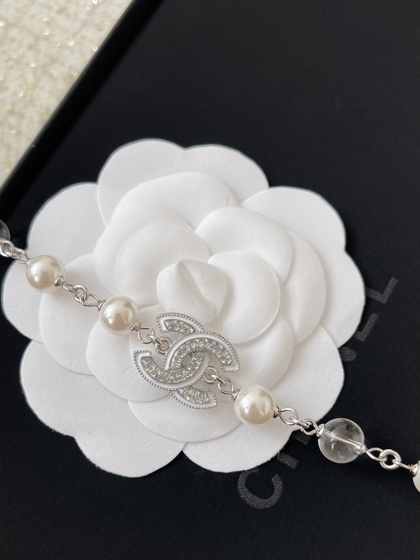 Luxury Silver Pearl Necklace with Sparkling Crystal CC Pendant