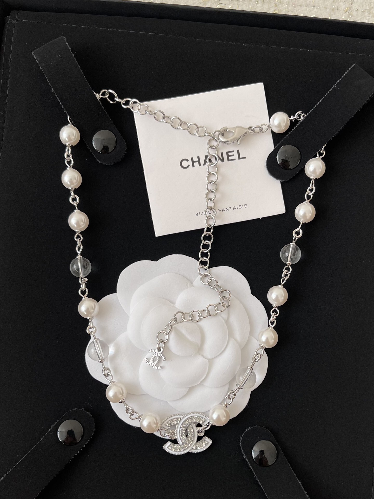 Luxury Silver Pearl Necklace with Sparkling Crystal CC Pendant