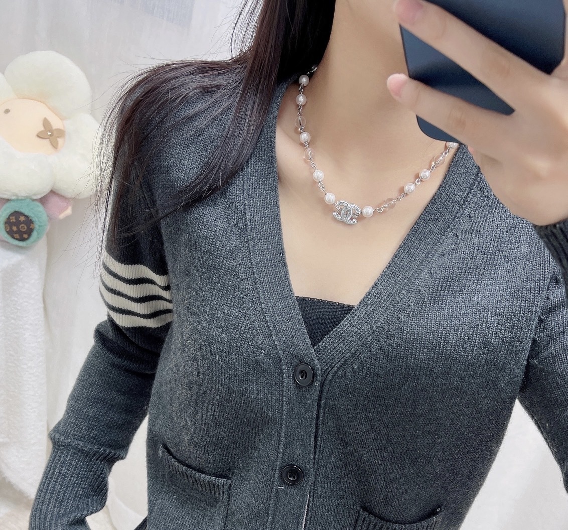 Luxury Silver Pearl Necklace with Sparkling Crystal CC Pendant