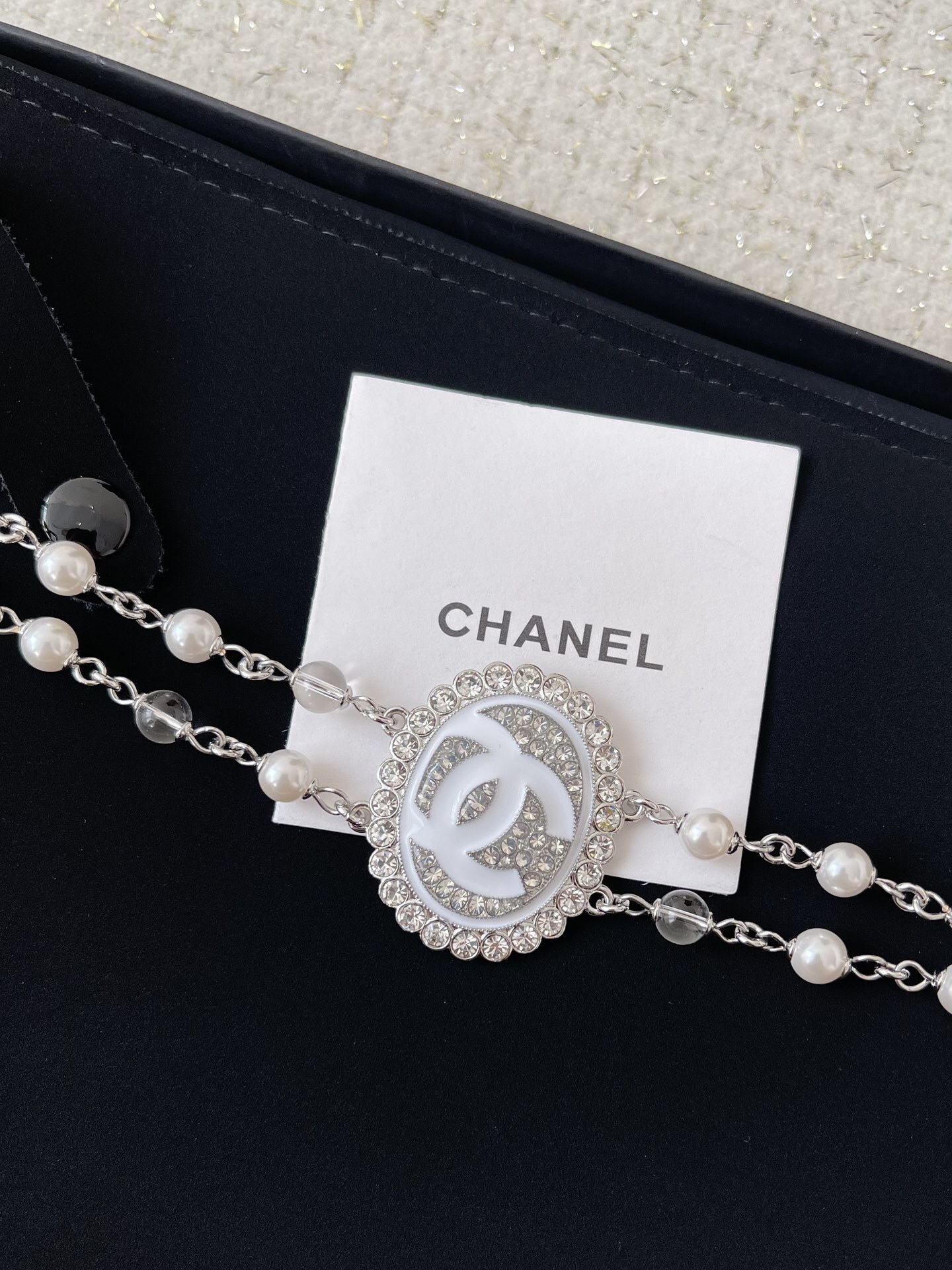 Luxury Double Layer Pearl CC Necklace with Sparkling Crystals