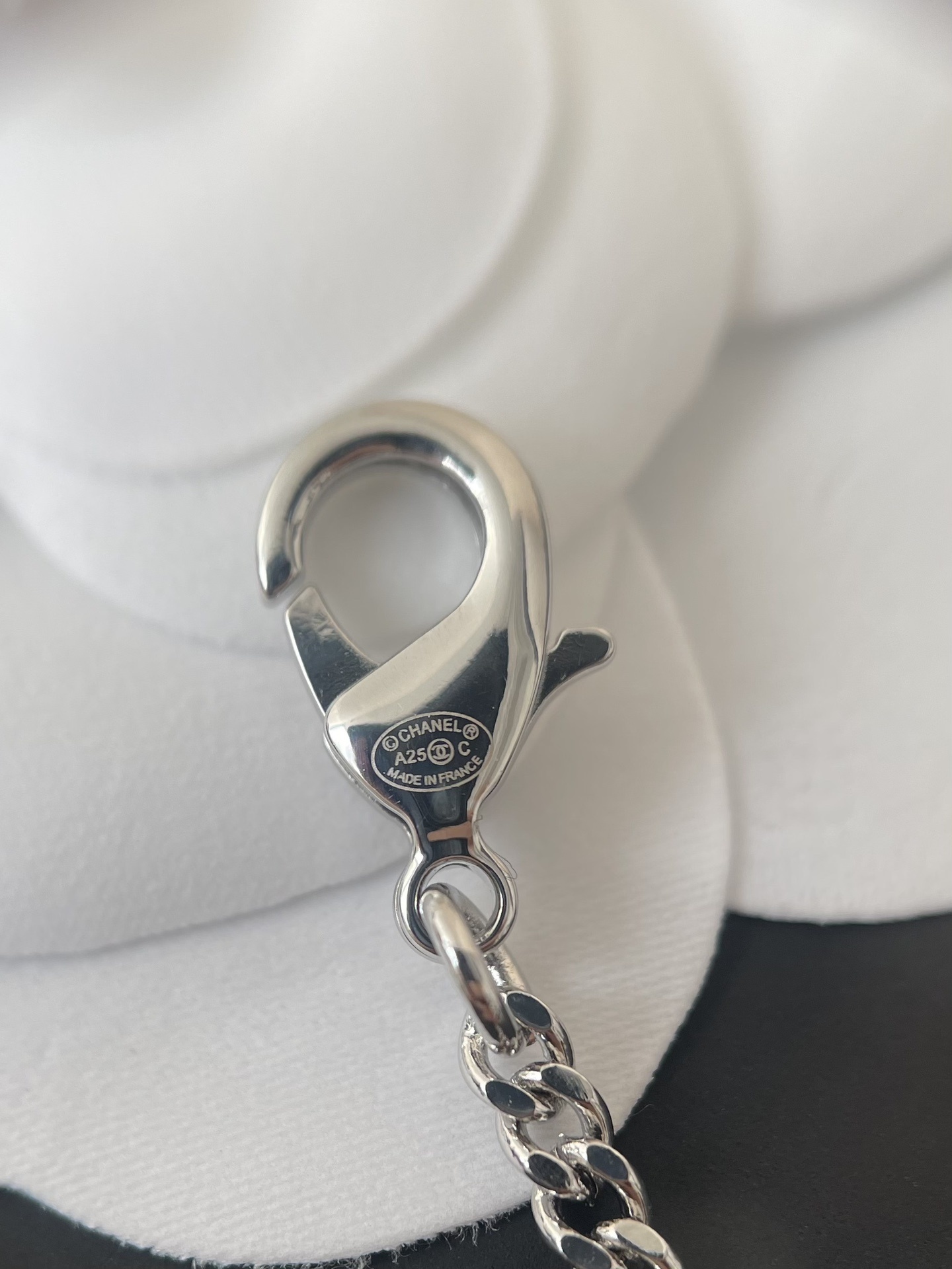 Chanel Silver Crystal Double C Logo Pearl Pendant Necklace