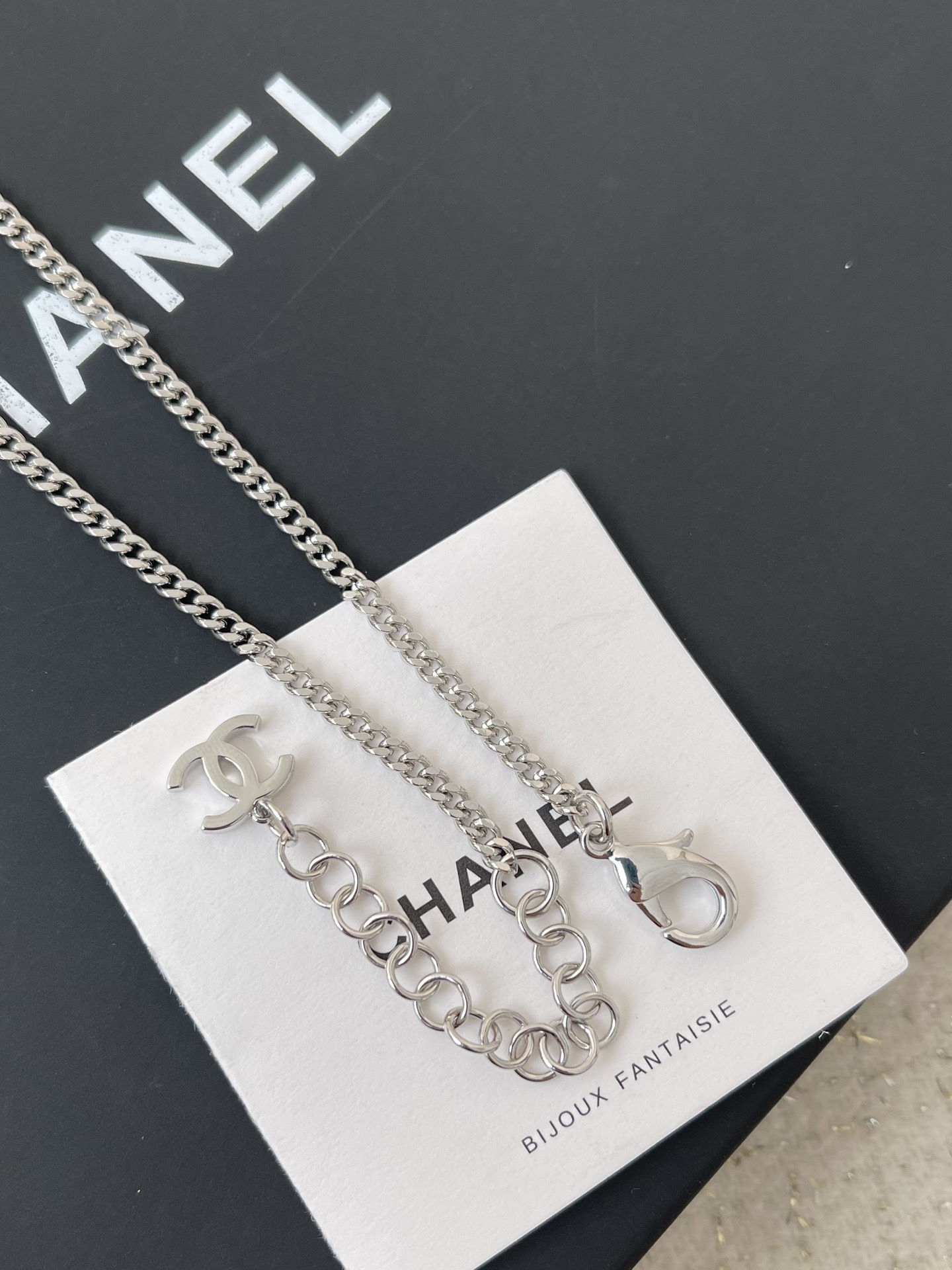 Chanel Silver Crystal Double C Logo Pearl Pendant Necklace