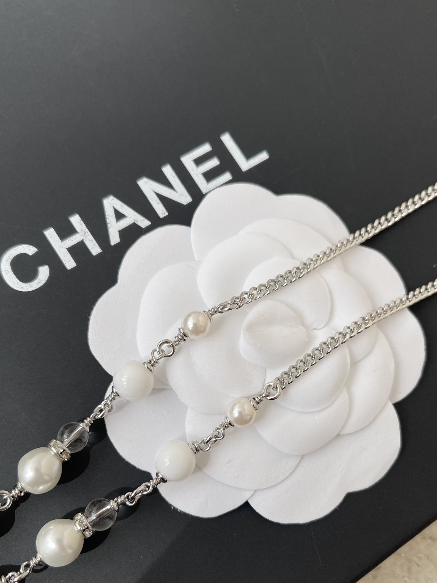 Chanel Silver Crystal Double C Logo Pearl Pendant Necklace