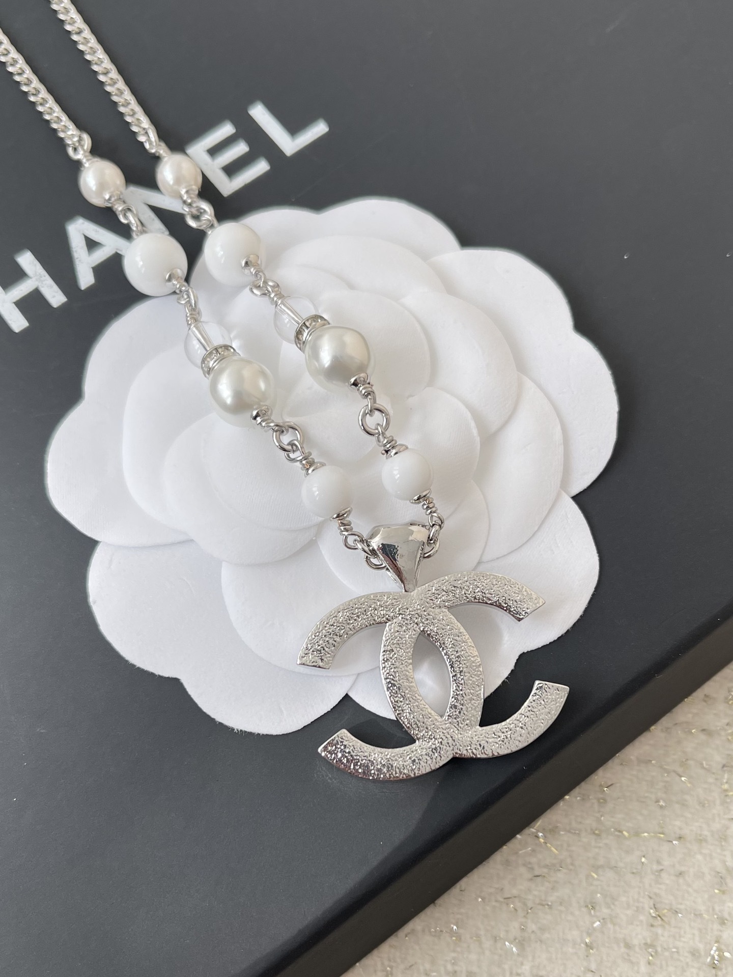 Chanel Silver Crystal Double C Logo Pearl Pendant Necklace