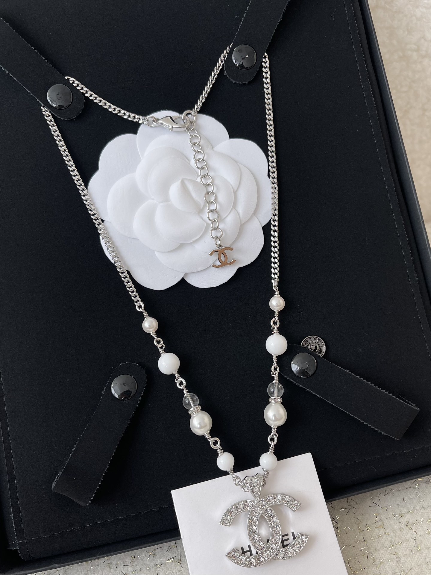 Chanel Silver Crystal Double C Logo Pearl Pendant Necklace