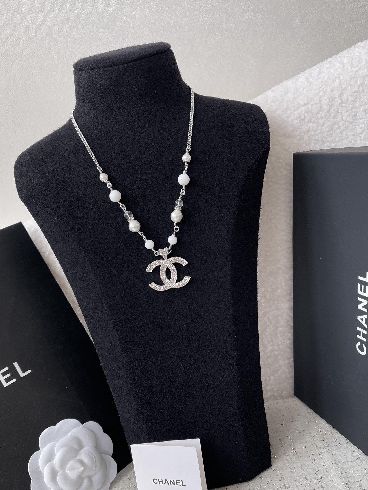Chanel Silver Crystal Double C Logo Pearl Pendant Necklace