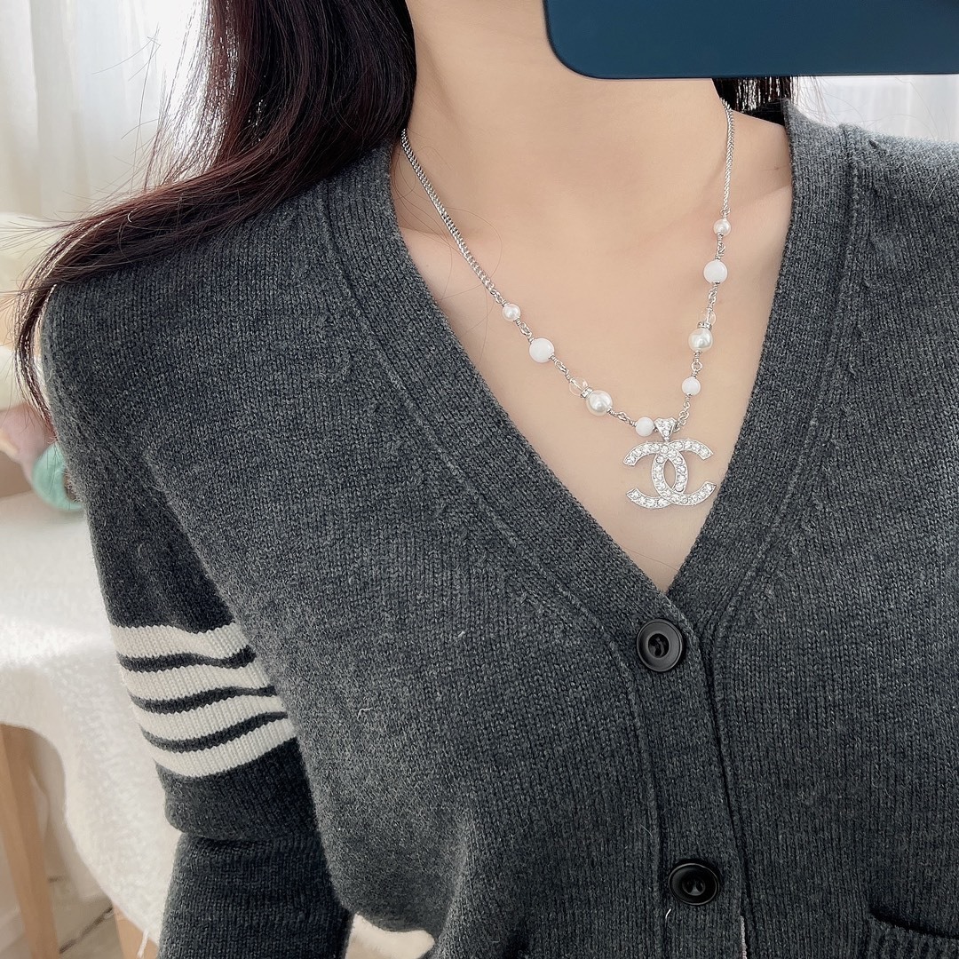 Chanel Silver Crystal Double C Logo Pearl Pendant Necklace