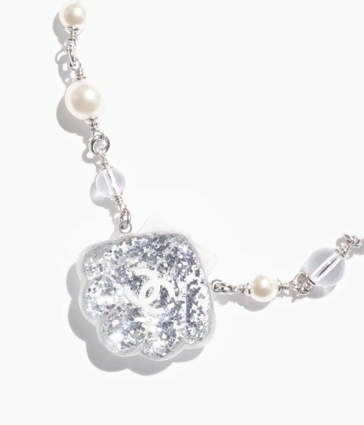 Elegant Pearl Necklace with Glitter Shell Pendant and CC Logo
