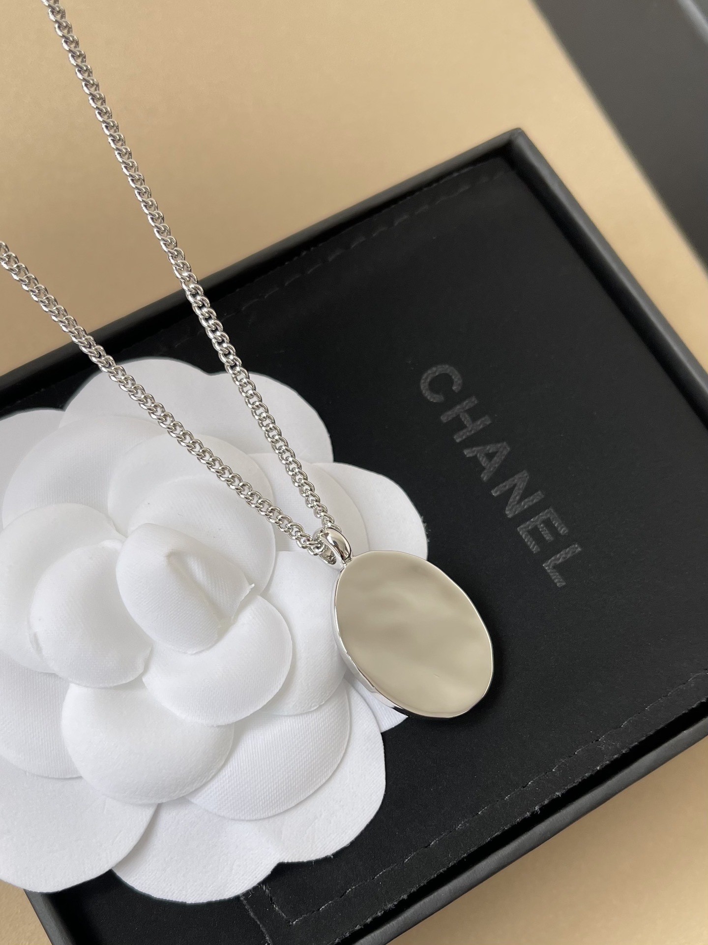 Chanel Silver-Tone CC Logo Oval Pendant Chain Necklace