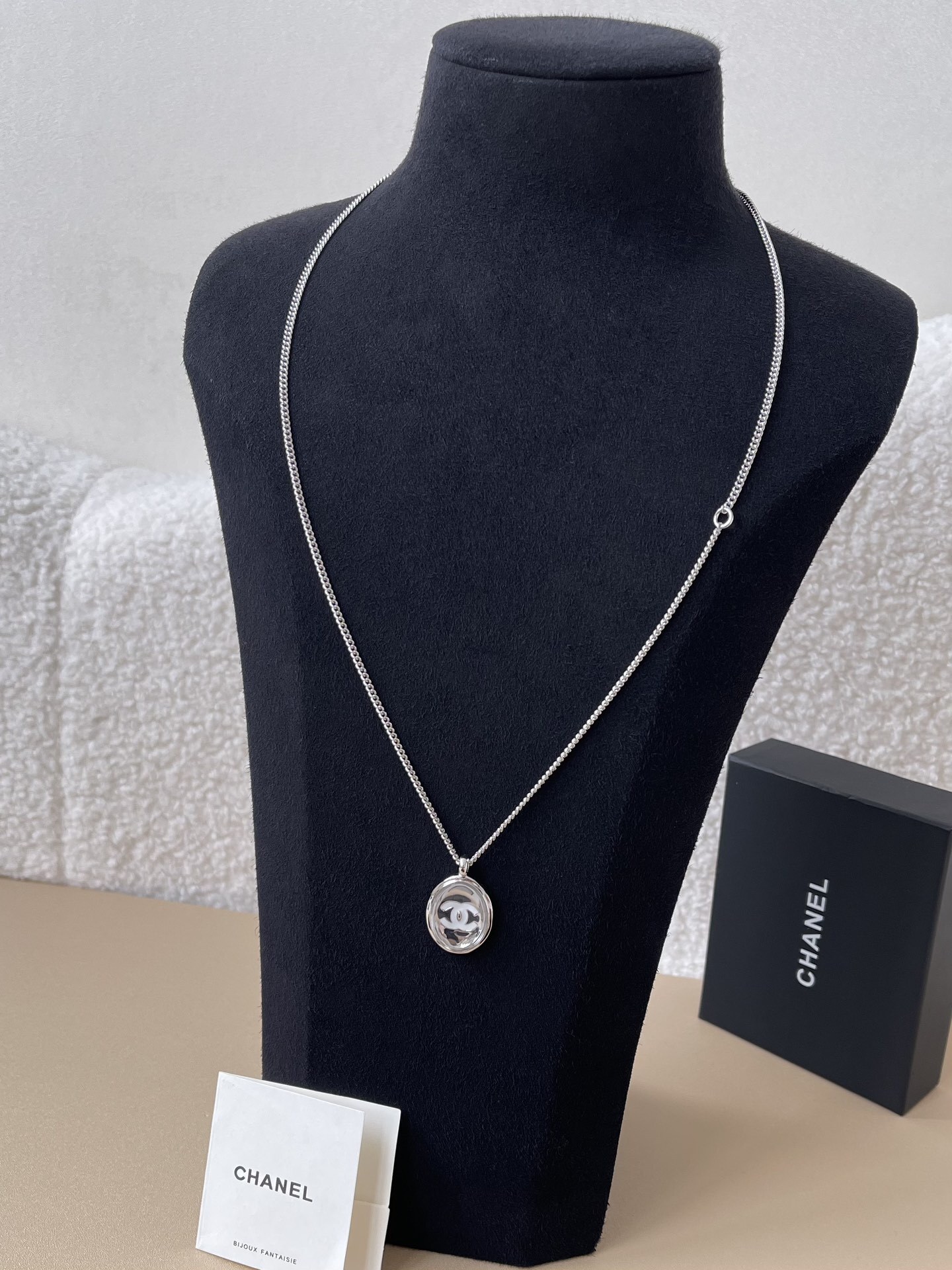 Chanel Silver-Tone CC Logo Oval Pendant Chain Necklace