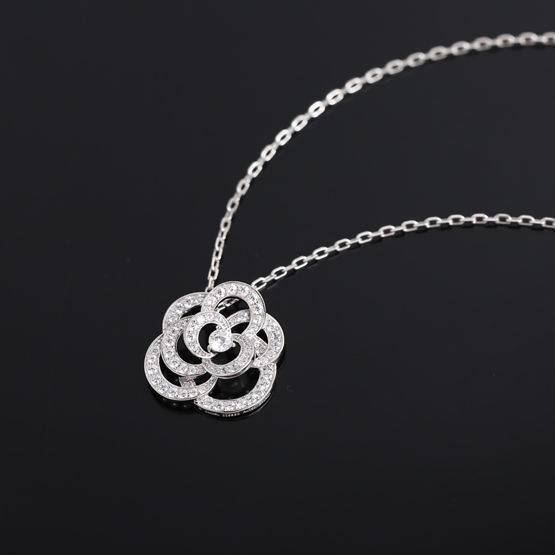 Chanel Camellia Pendant Necklace - Elegant Silver Crystal Jewelry