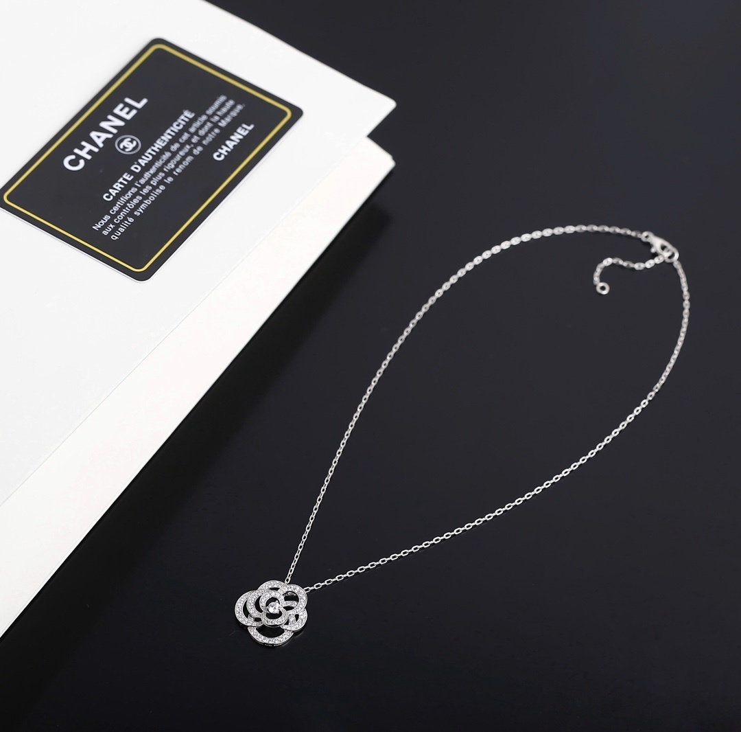 Chanel Camellia Pendant Necklace - Elegant Silver Crystal Jewelry