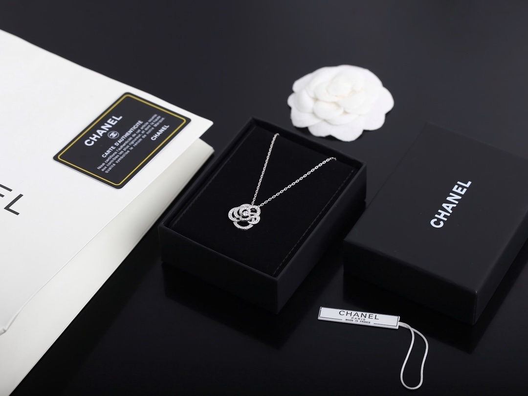 Chanel Camellia Pendant Necklace - Elegant Silver Crystal Jewelry