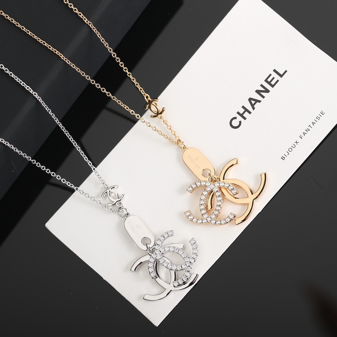 Elegant Double C Pendant Necklace with Crystals - Gold & Silver