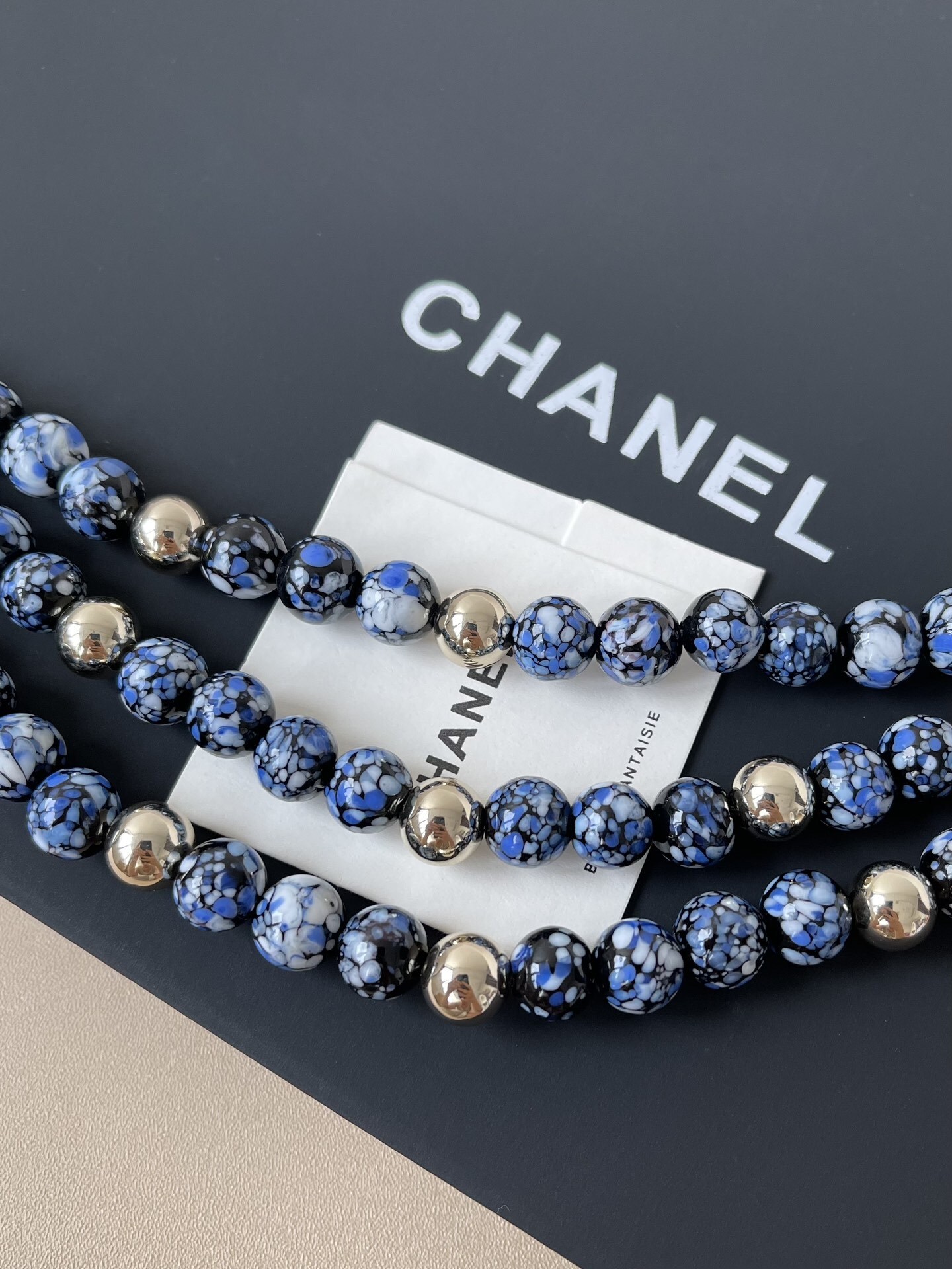 Chanel 2024/25 Métiers d'Art Blue Marbled Bead & Gold CC Necklace