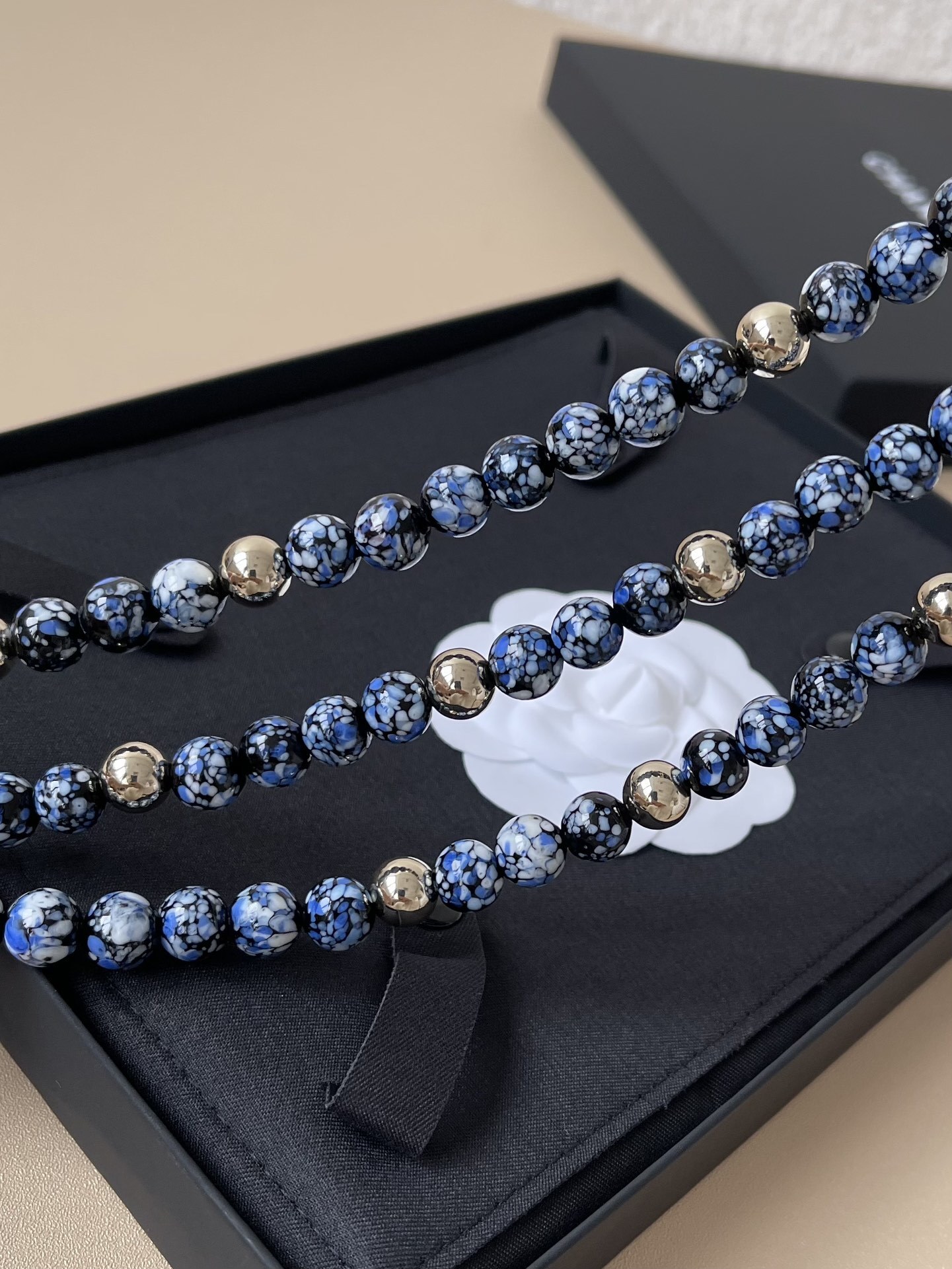 Chanel 2024/25 Métiers d'Art Blue Marbled Bead & Gold CC Necklace
