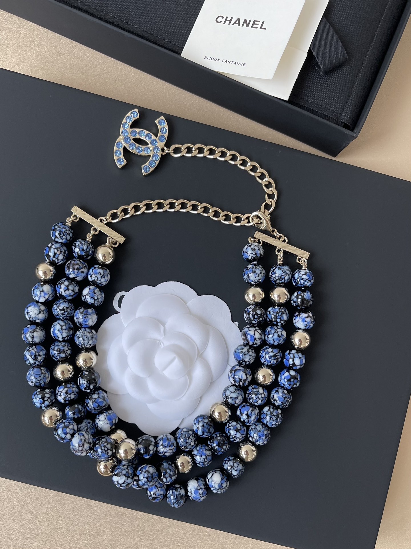 Chanel 2024/25 Métiers d'Art Blue Marbled Bead & Gold CC Necklace