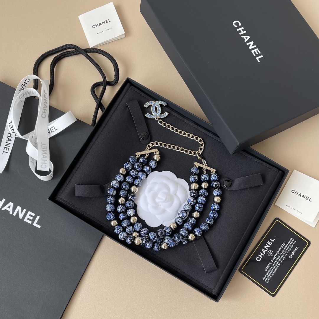 Chanel 2024/25 Métiers d'Art Blue Marbled Bead & Gold CC Necklace