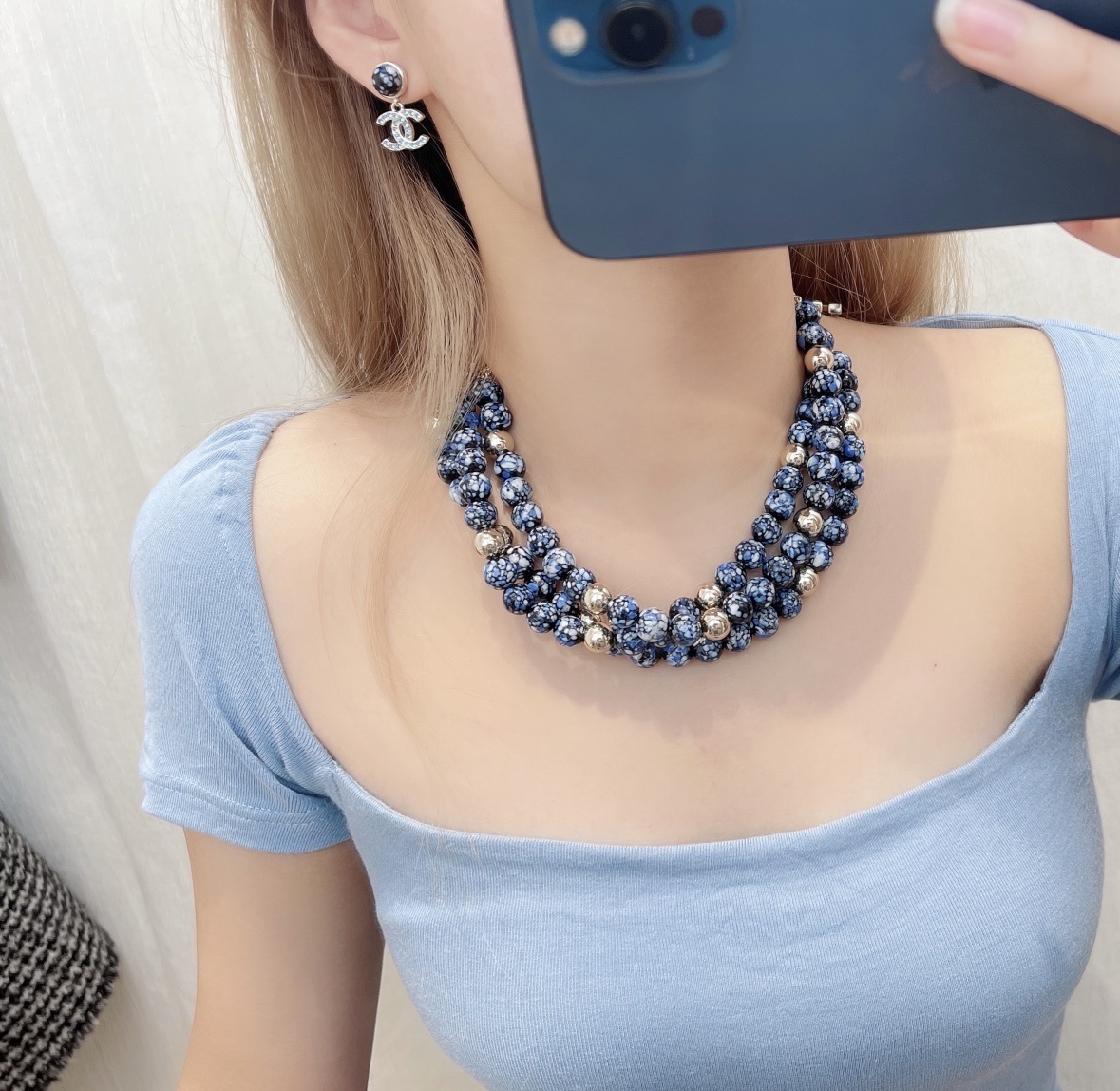 Chanel 2024/25 Métiers d'Art Blue Marbled Bead & Gold CC Necklace