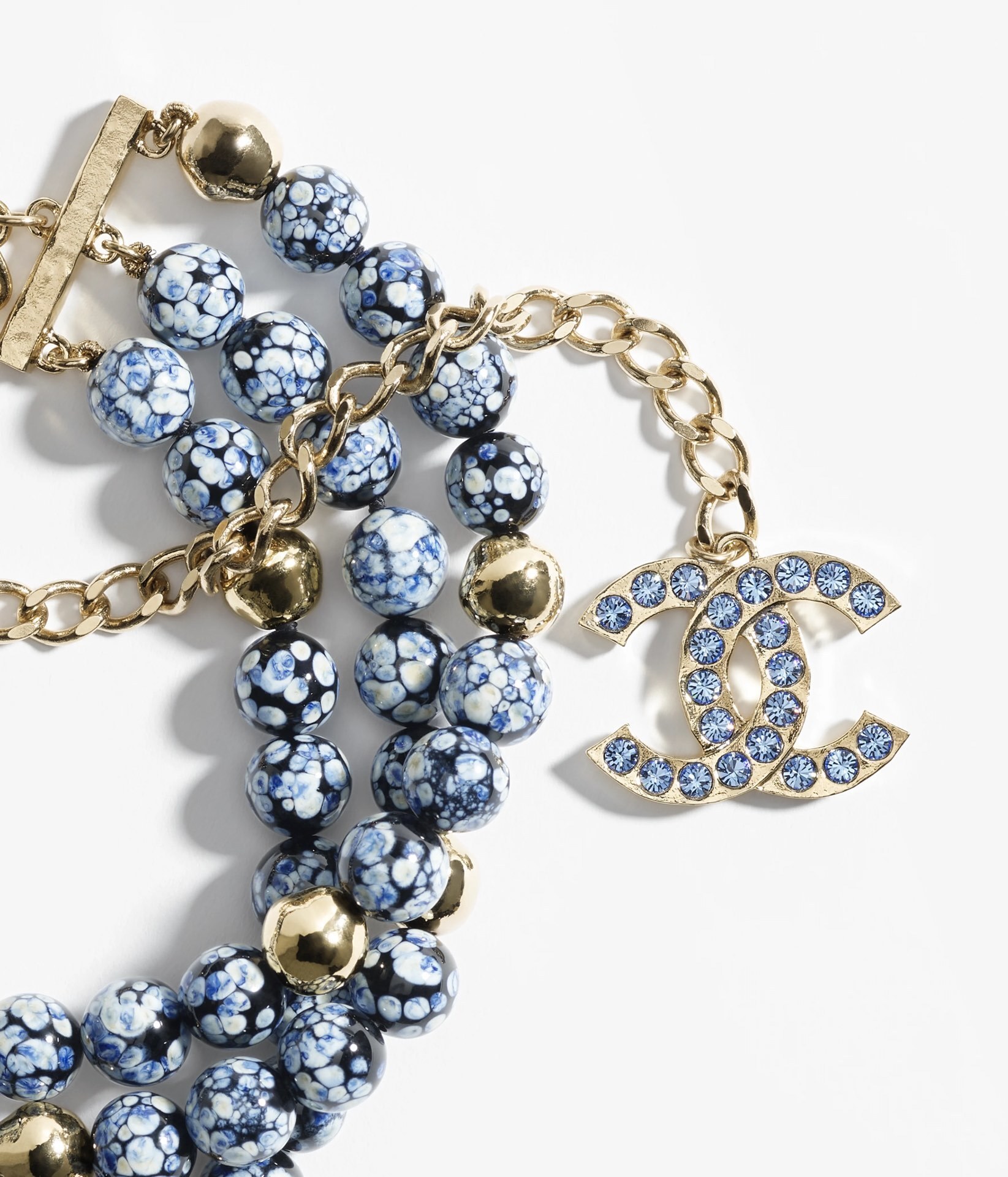 Chanel 2024/25 Métiers d'Art Blue Marbled Bead & Gold CC Necklace