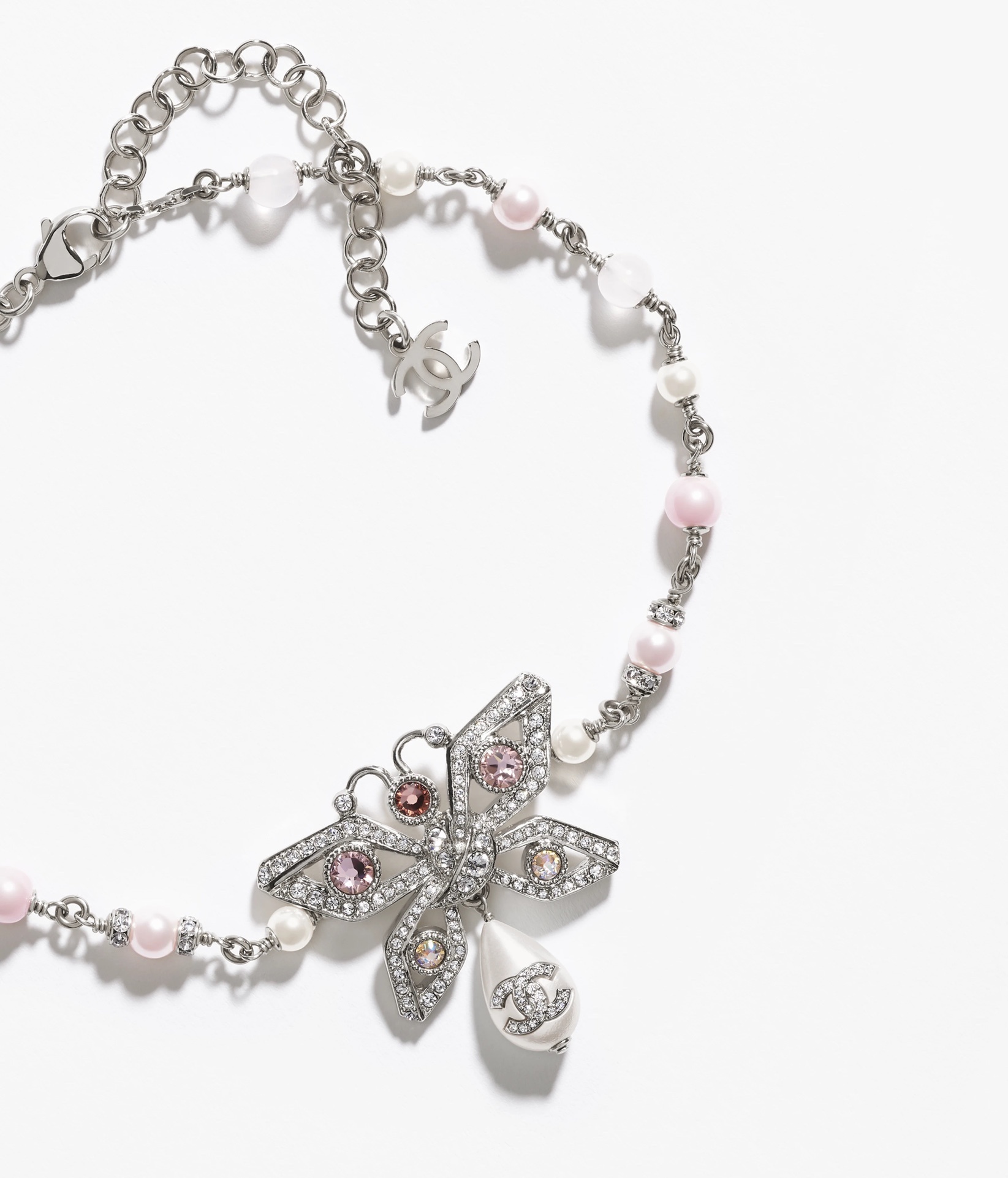 Chanel 2024/25 Butterfly Necklace - Pink Pearls & Crystals CC Logo