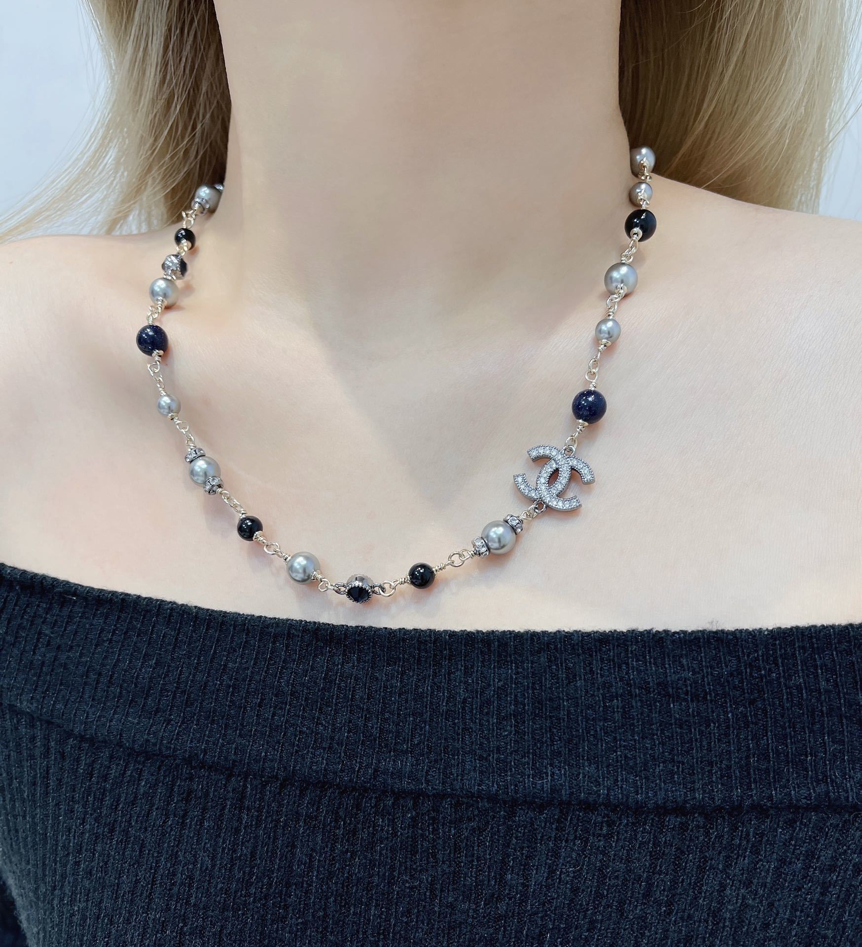 Chanel Silver Pearl CC Necklace & Crystal Butterfly Stud Earrings