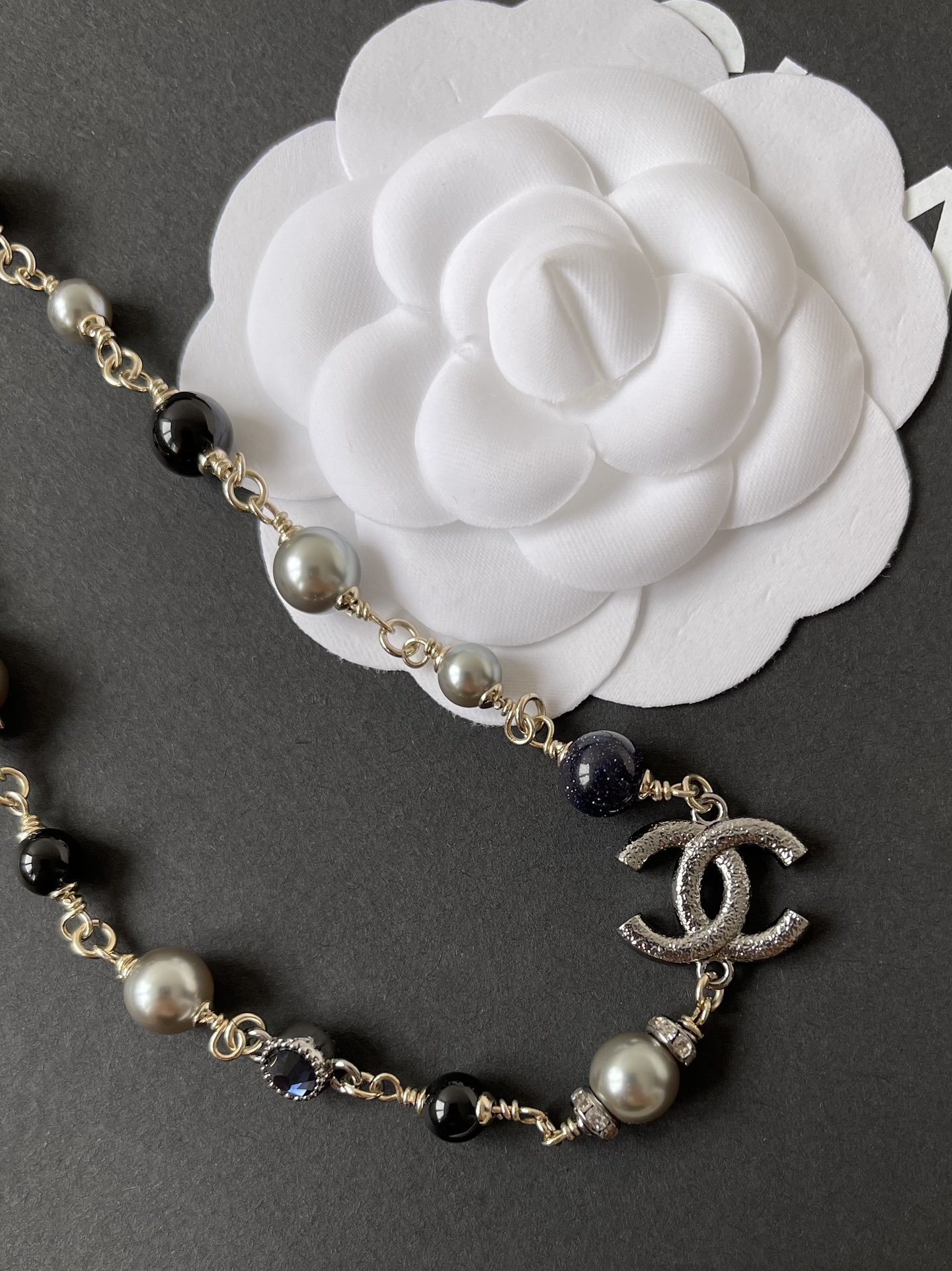 Chanel Silver Pearl CC Necklace & Crystal Butterfly Stud Earrings