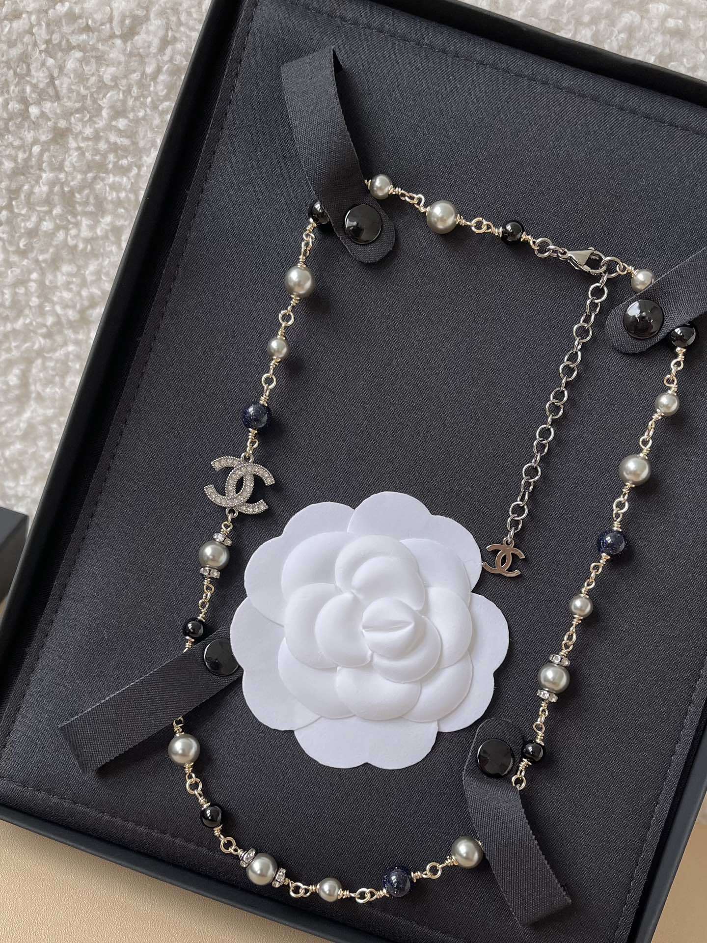 Chanel Silver Pearl CC Necklace & Crystal Butterfly Stud Earrings