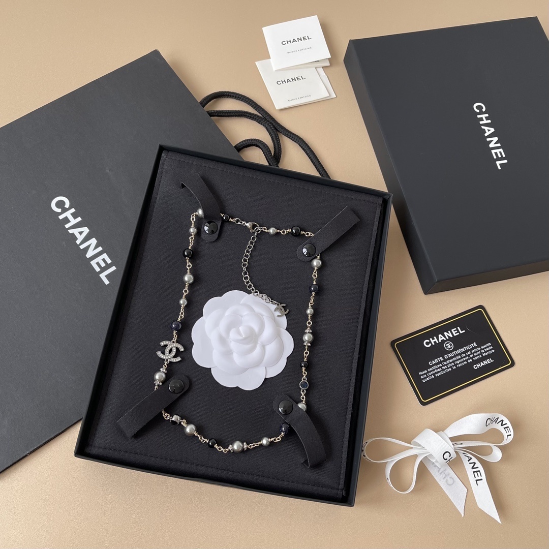 Chanel Silver Pearl CC Necklace & Crystal Butterfly Stud Earrings