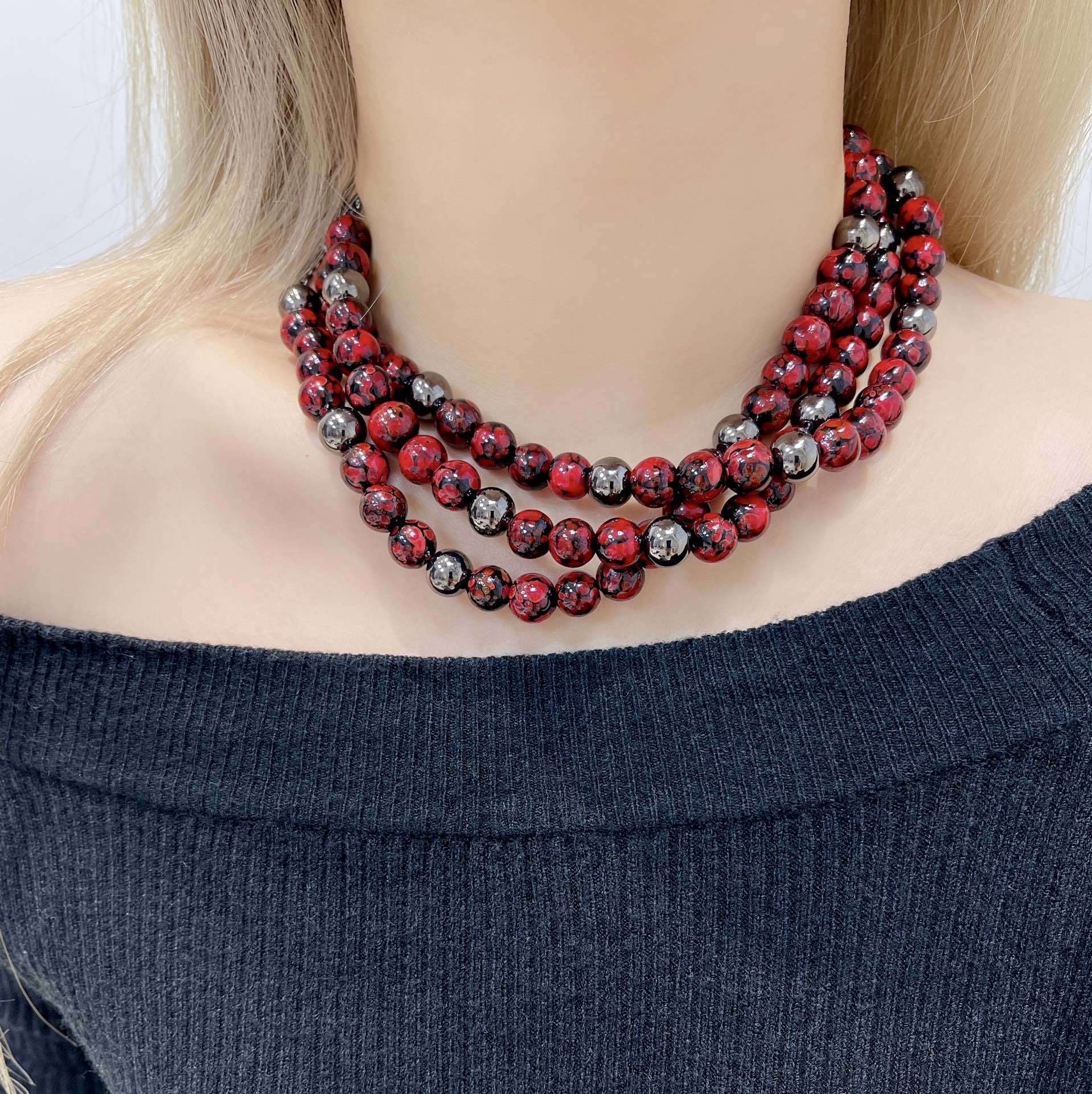 Luxury Chanel Red Bead Multi-Strand Choker with Crystal CC Pendant