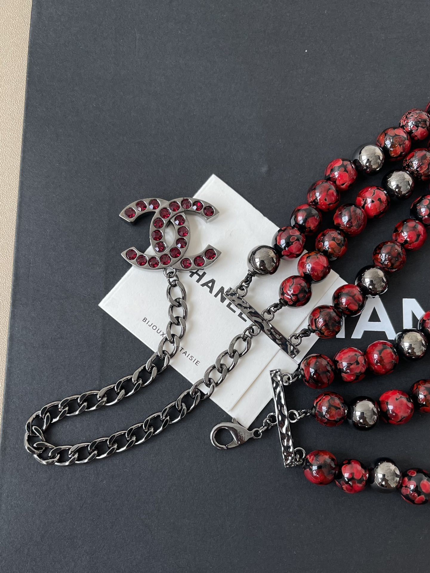 Luxury Chanel Red Bead Multi-Strand Choker with Crystal CC Pendant