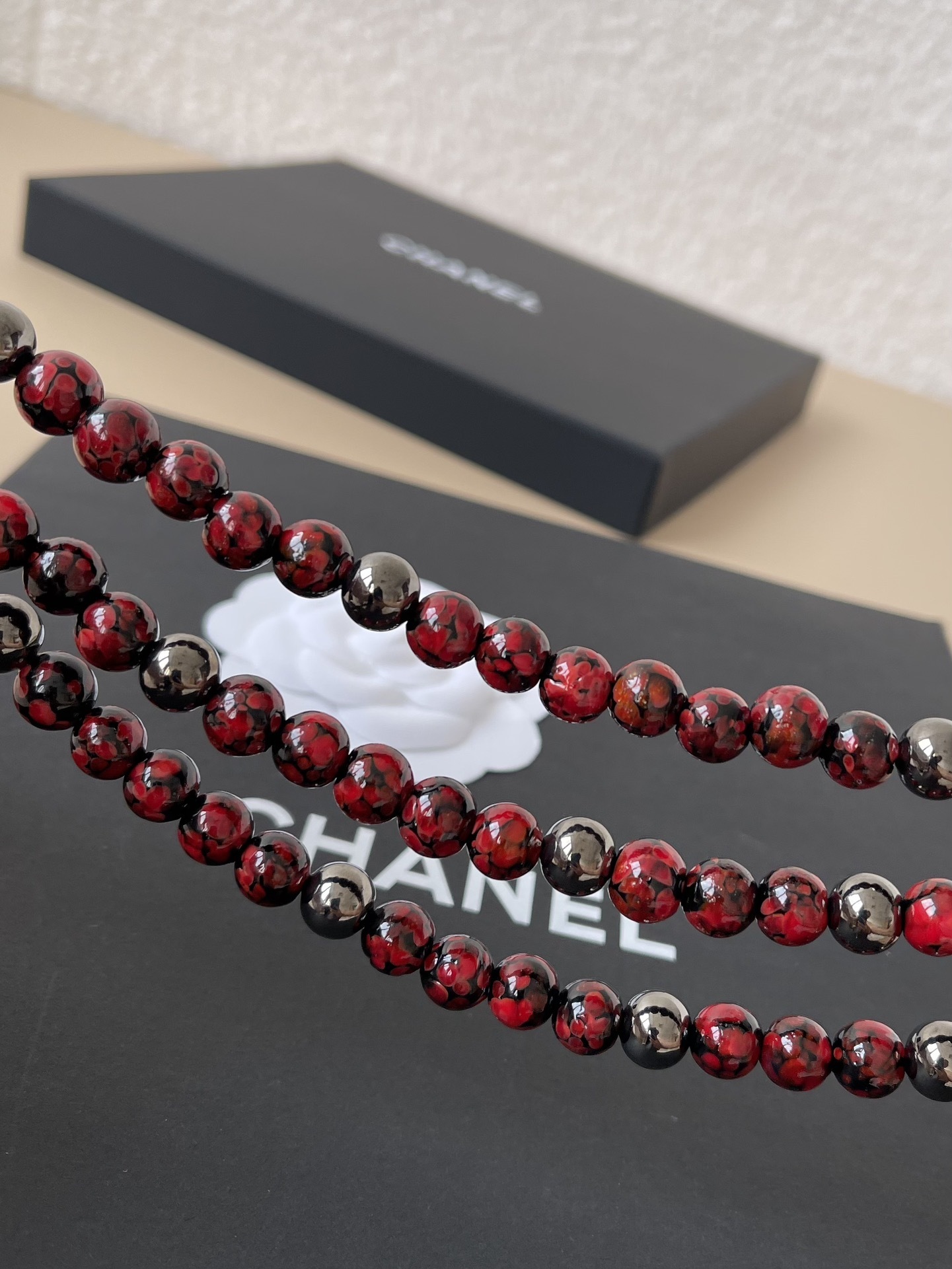 Luxury Chanel Red Bead Multi-Strand Choker with Crystal CC Pendant