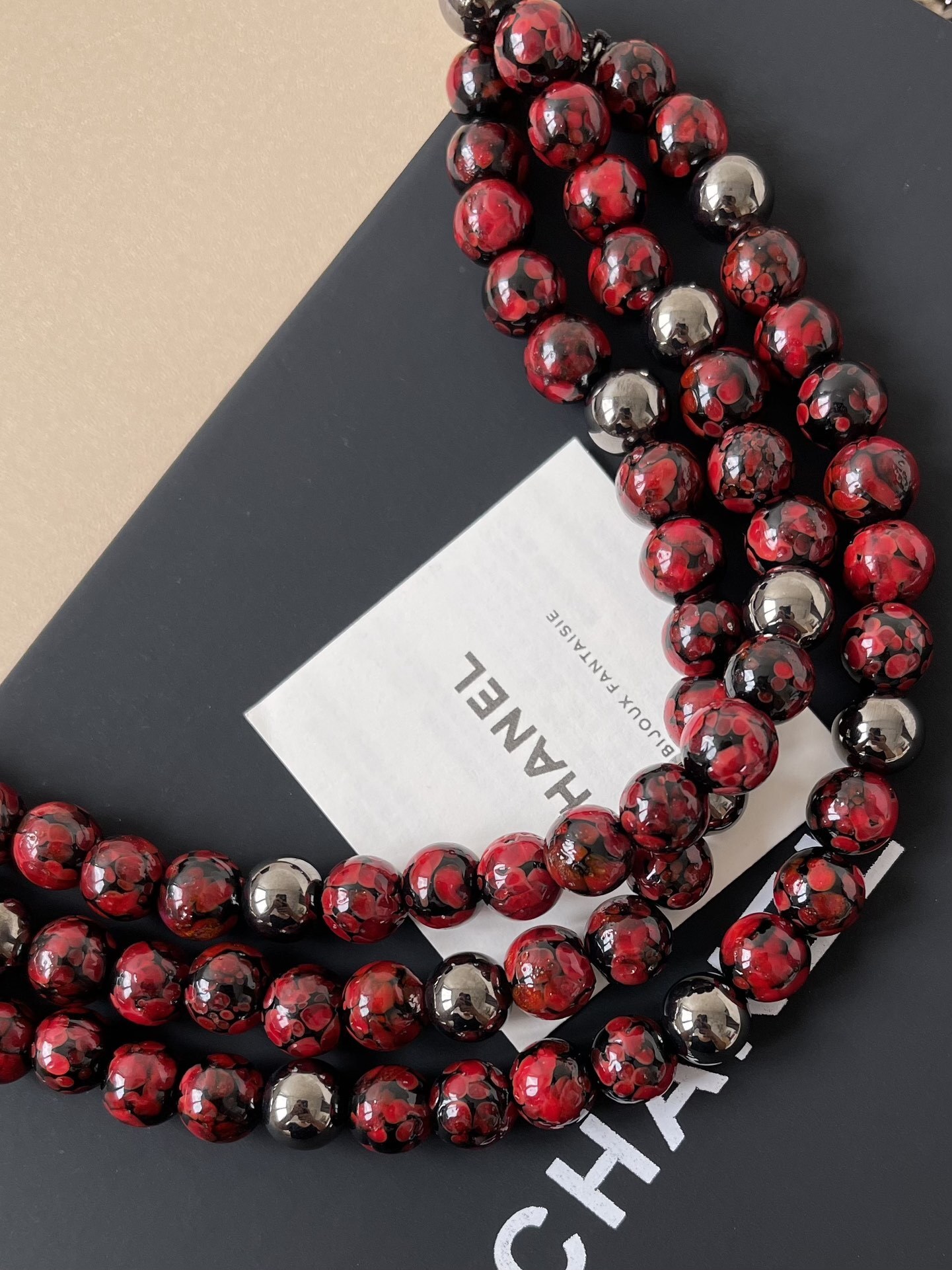 Luxury Chanel Red Bead Multi-Strand Choker with Crystal CC Pendant