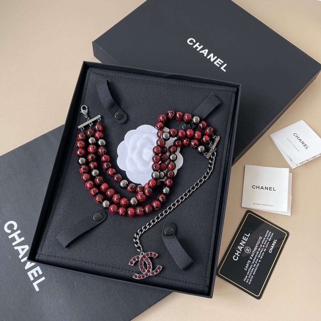 Luxury Chanel Red Bead Multi-Strand Choker with Crystal CC Pendant