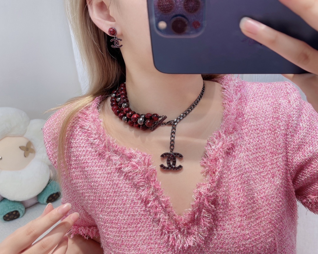 Luxury Chanel Red Bead Multi-Strand Choker with Crystal CC Pendant