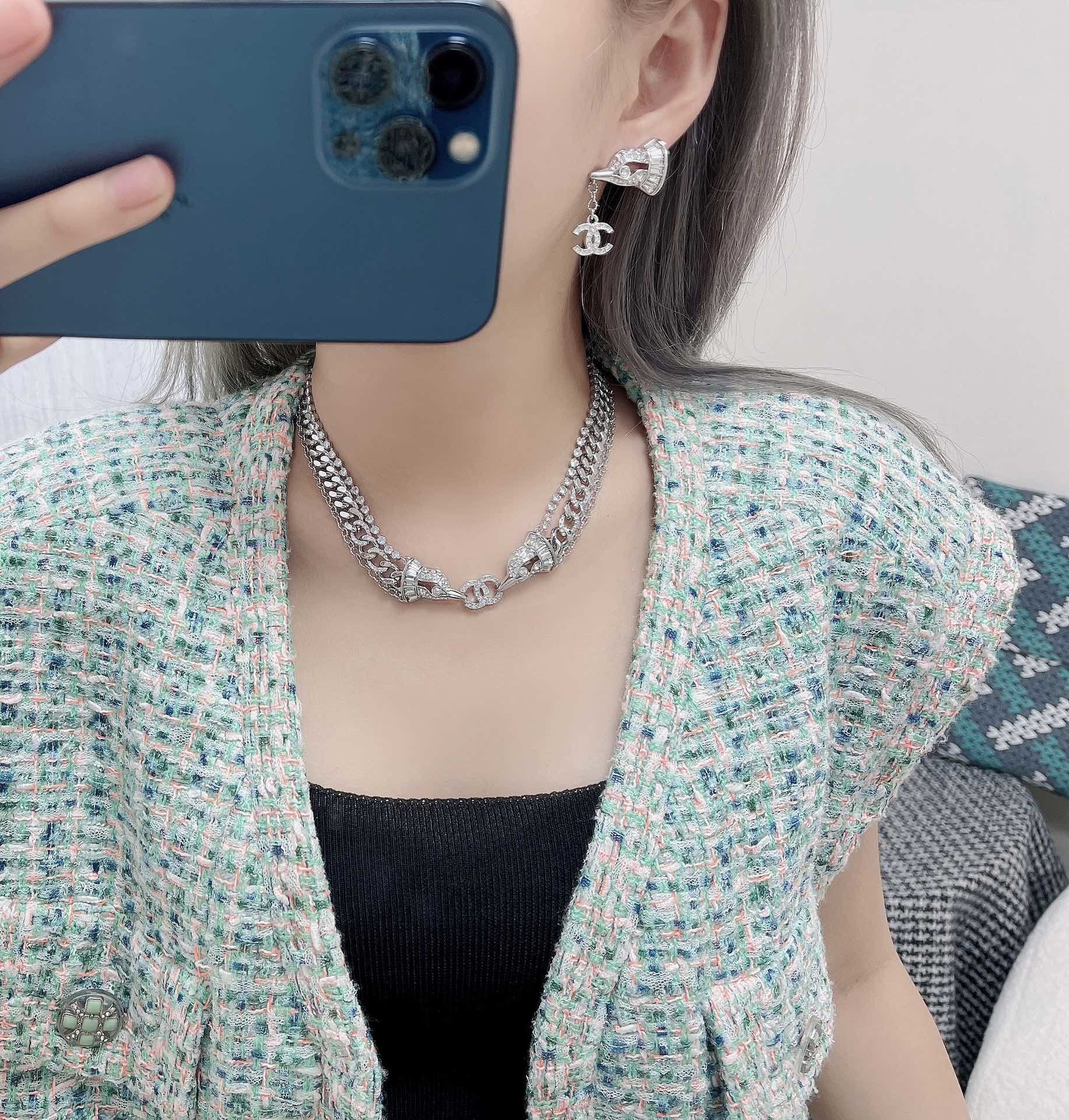 Elegant Silver Crystal Layered Chain Necklace with CC Pendant