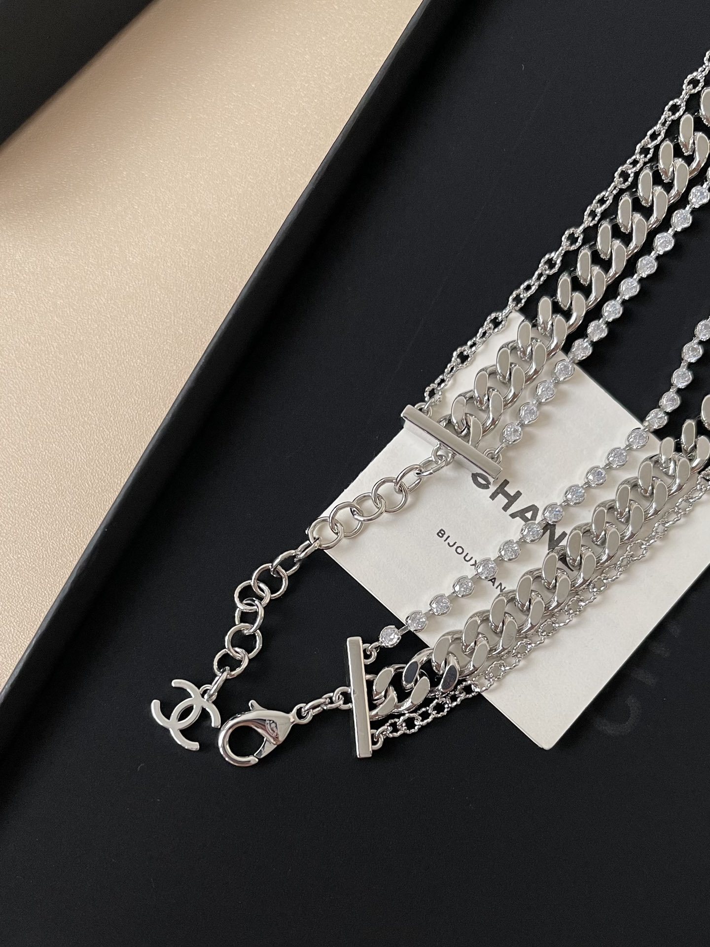 Elegant Silver Crystal Layered Chain Necklace with CC Pendant