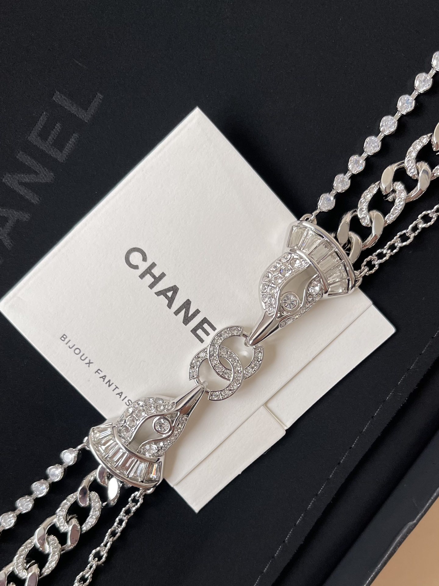 Elegant Silver Crystal Layered Chain Necklace with CC Pendant