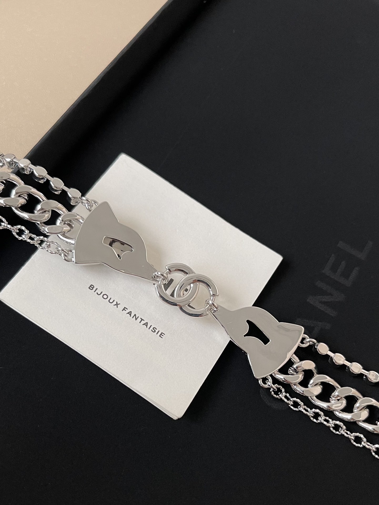 Elegant Silver Crystal Layered Chain Necklace with CC Pendant