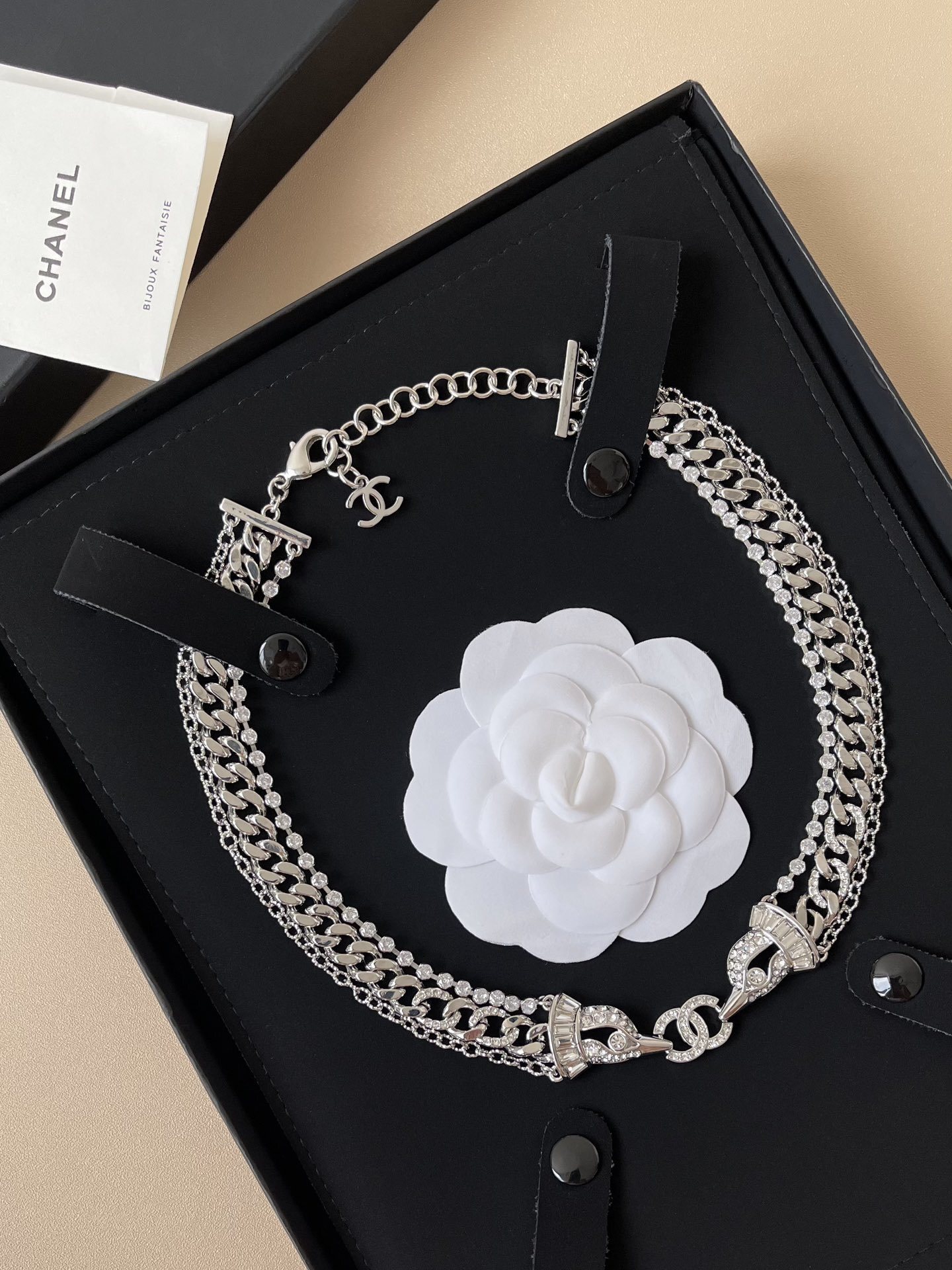 Elegant Silver Crystal Layered Chain Necklace with CC Pendant