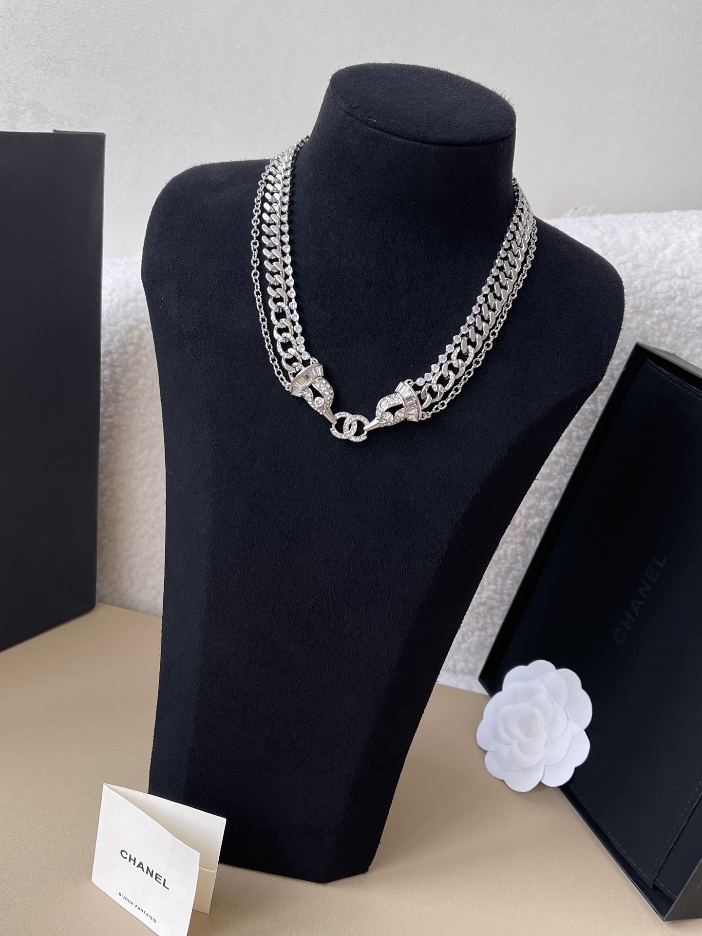 Elegant Silver Crystal Layered Chain Necklace with CC Pendant