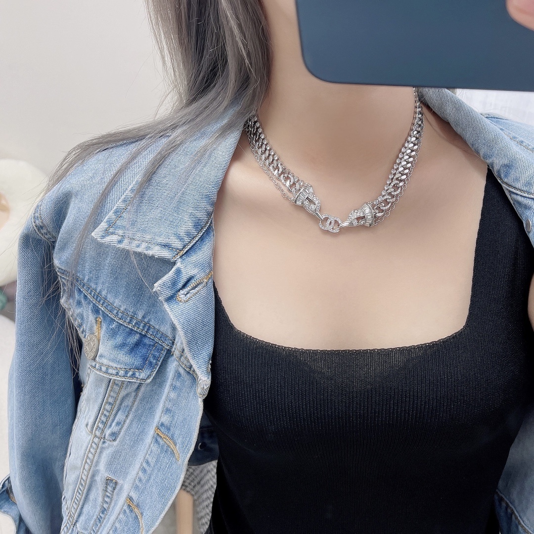 Elegant Silver Crystal Layered Chain Necklace with CC Pendant
