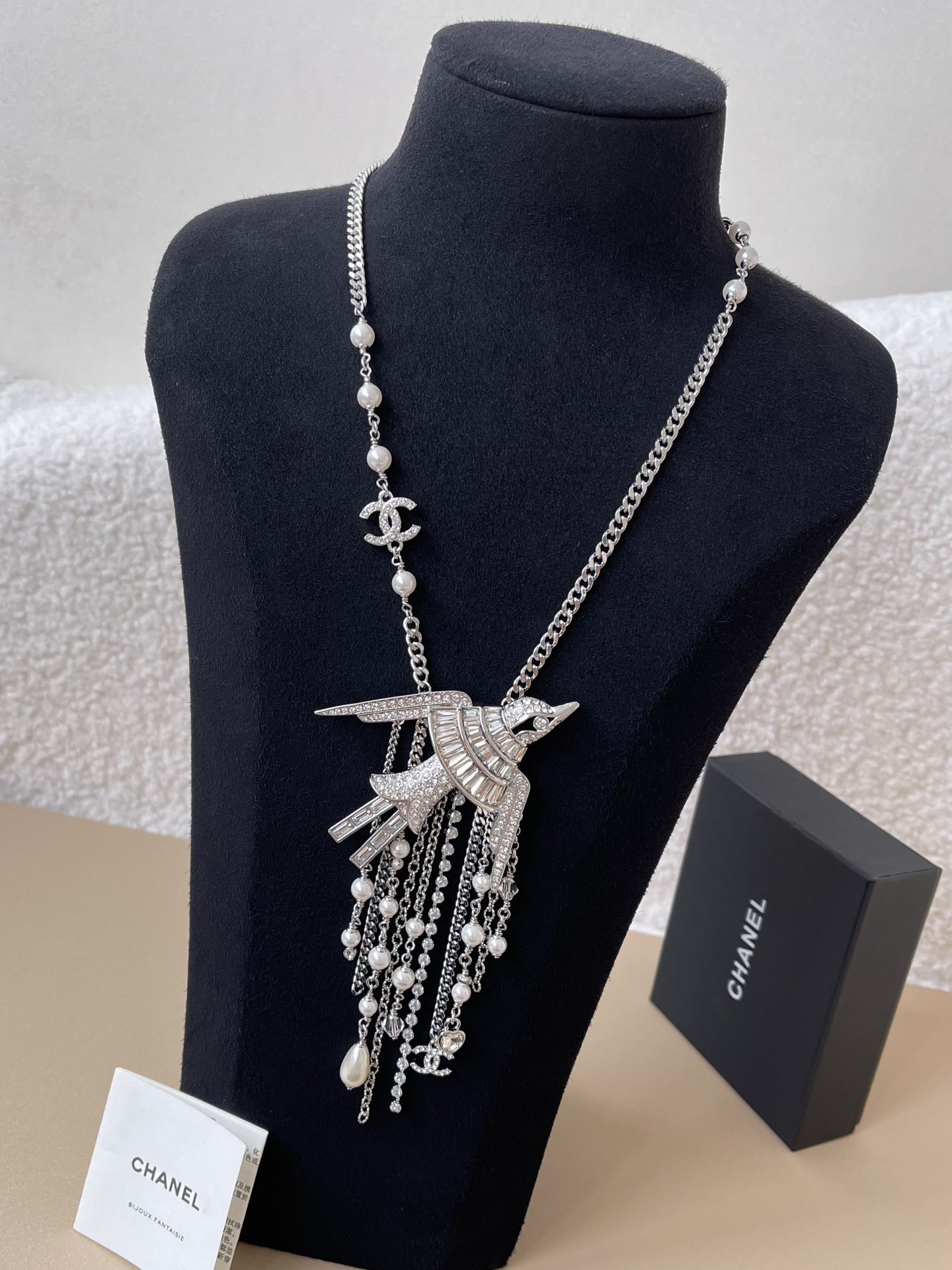 Chanel SS25 Silver Bird Necklace with Pearls and Rhinestones