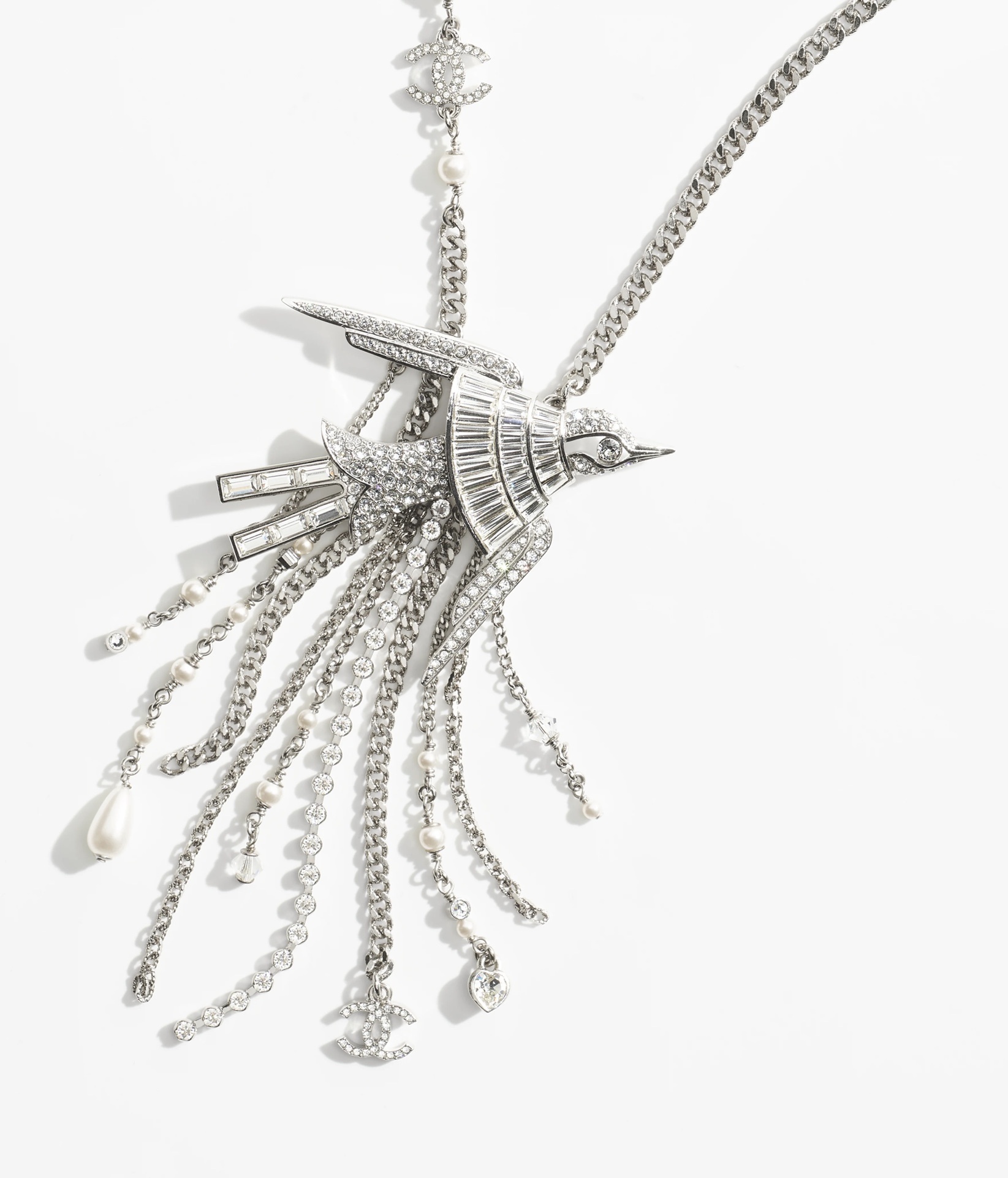 Chanel SS25 Silver Bird Necklace with Pearls and Rhinestones