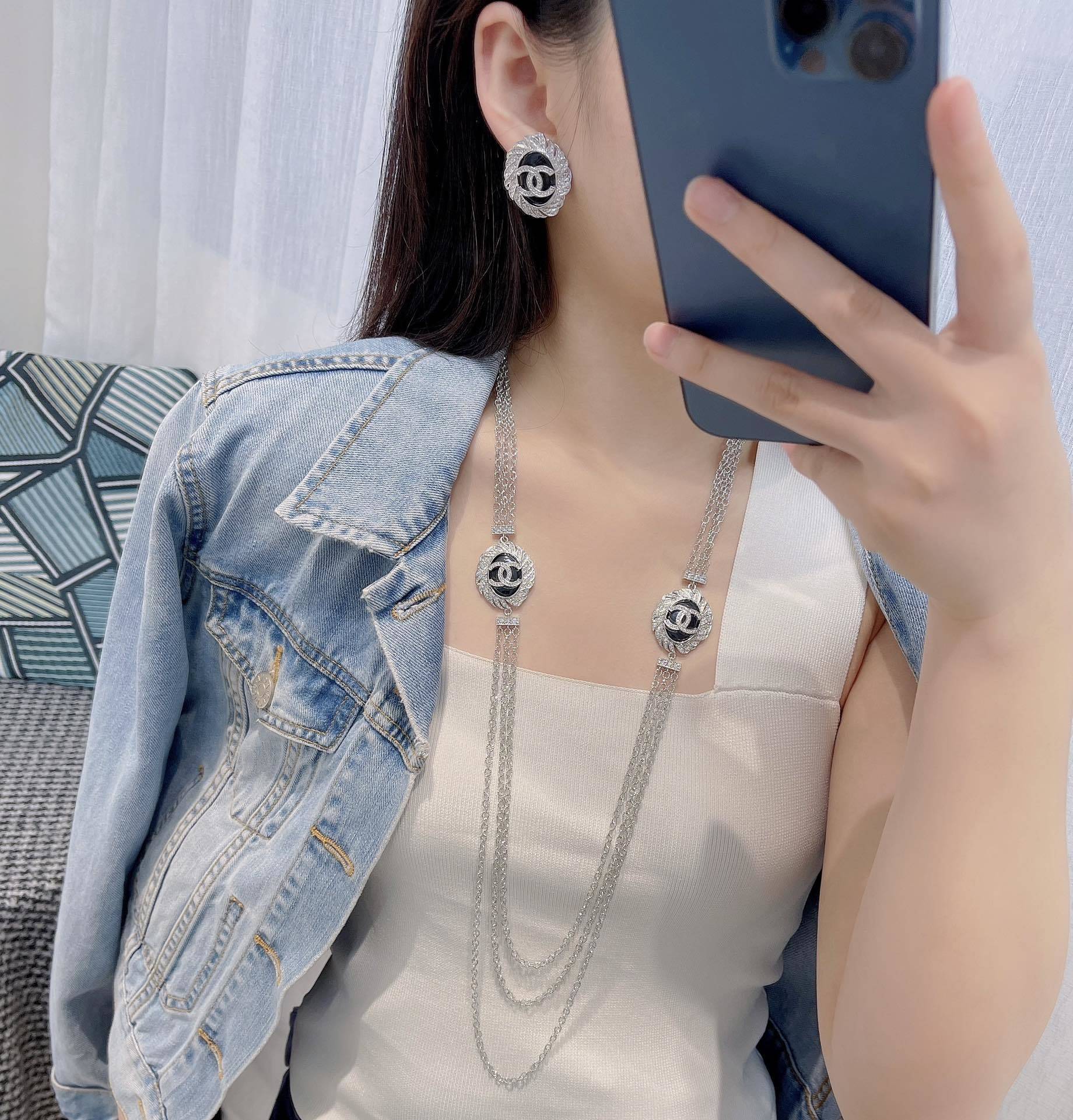 Luxury CC Logo Multi-Layer Long Necklace with Crystals - Silver