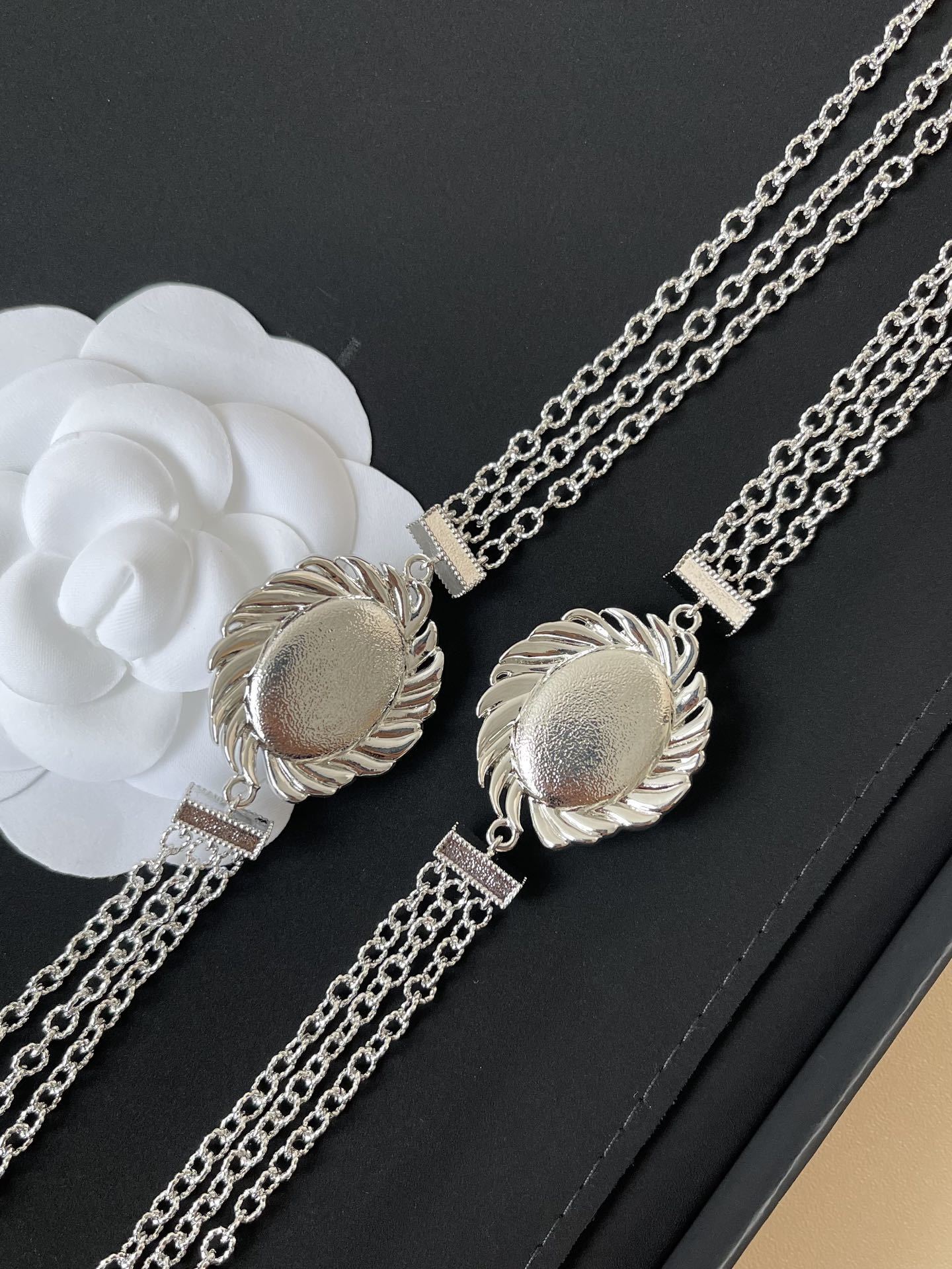 Luxury CC Logo Multi-Layer Long Necklace with Crystals - Silver